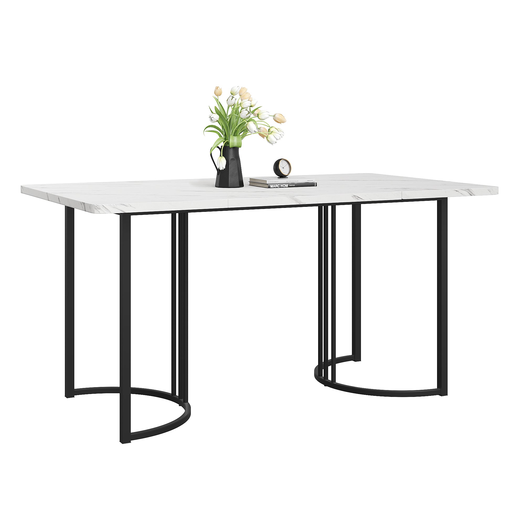 Dining Table, Modern Marble Pattern Rectangular with Adjustable Feet, White/Black Metal