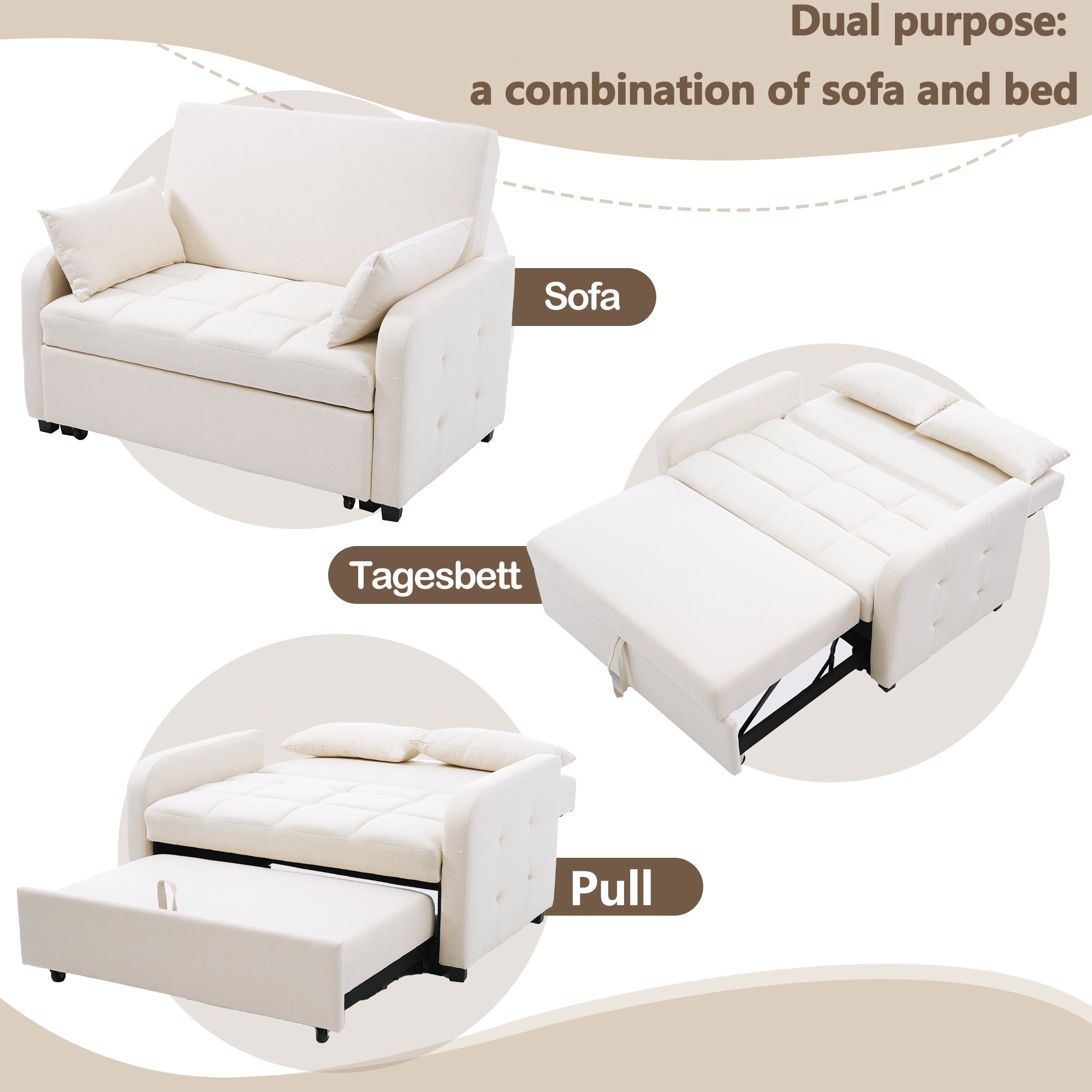 Multifunctional Sofa Bed, Folding Daybed with Adjustable Backrest, Off White