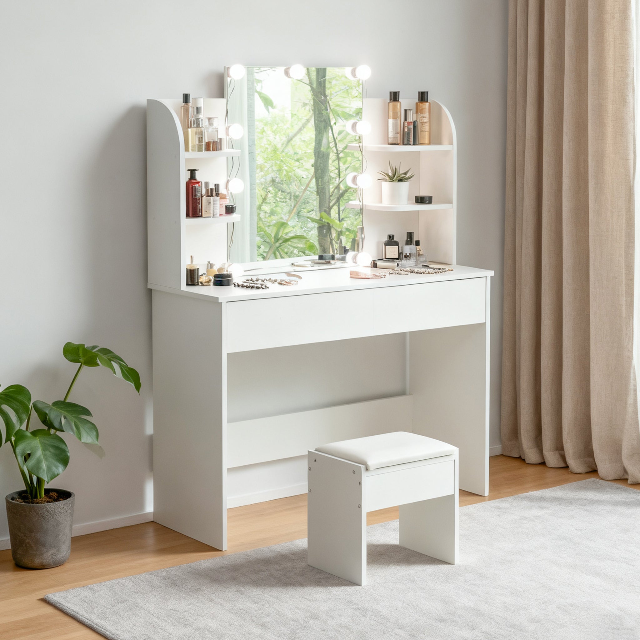 Dressing Table with Stool, LED Lighted Mirror, White