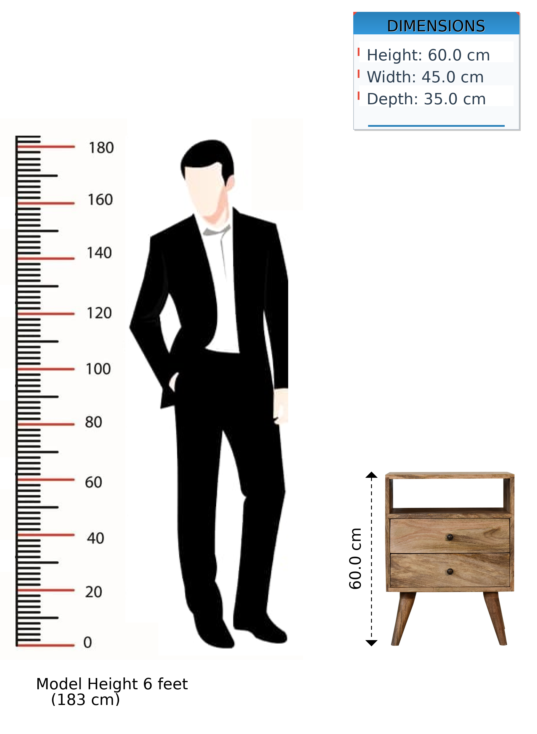 Solid Wood Bedside Table, 2 Drawers 1 Slot, Brown/Oak-ish Finish