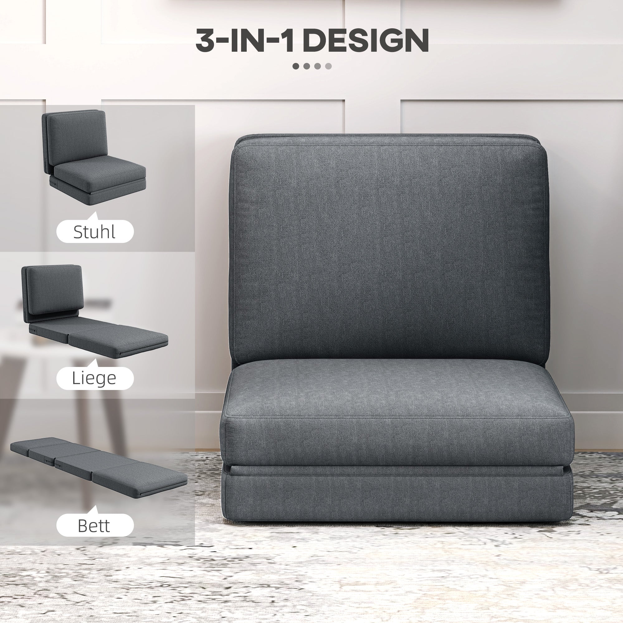 Folding Sofa Bed, 3-in-1 Velvet, Storage Space, Dark Grey