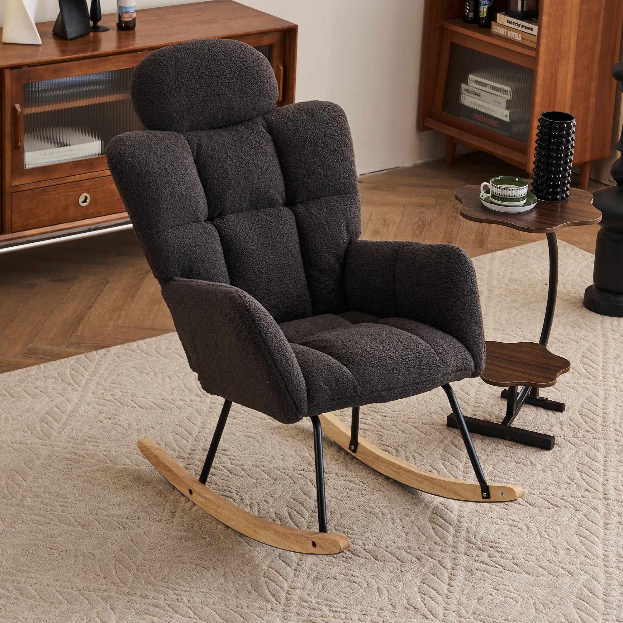 Rocking Chair, Tufted Upholstered Seat, Dark Grey Teddy Fabric