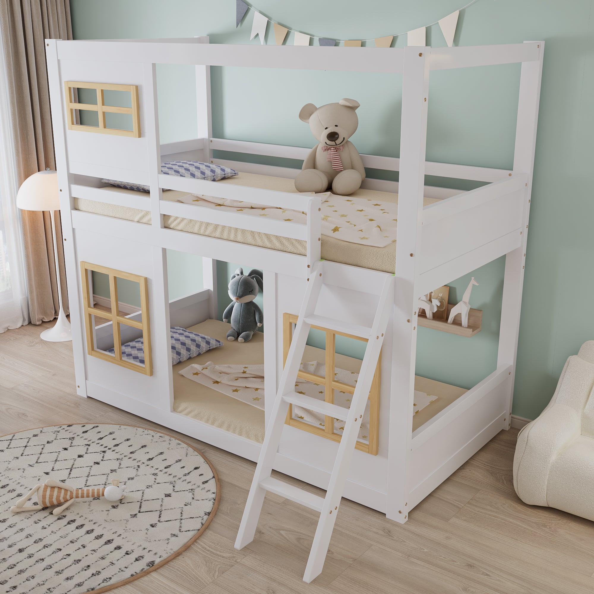 Bunk Bed, Kids with Windows, Ladder & Fencing, Pine + MDF + Plywood