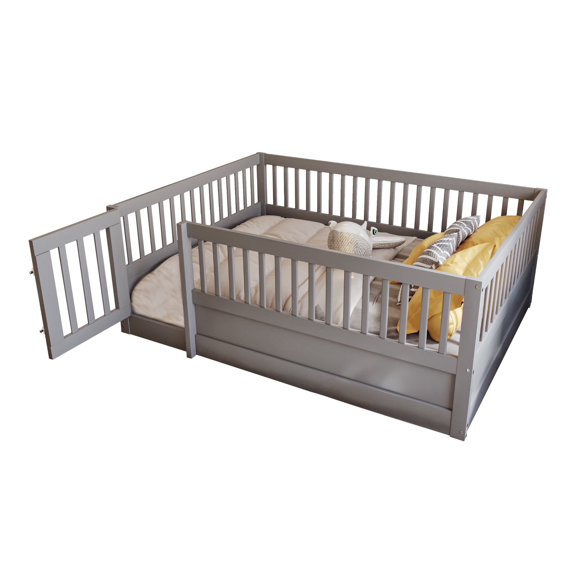 Children's Bed 140 x 200 cm, Wooden Frame with Bars & Door, Grey