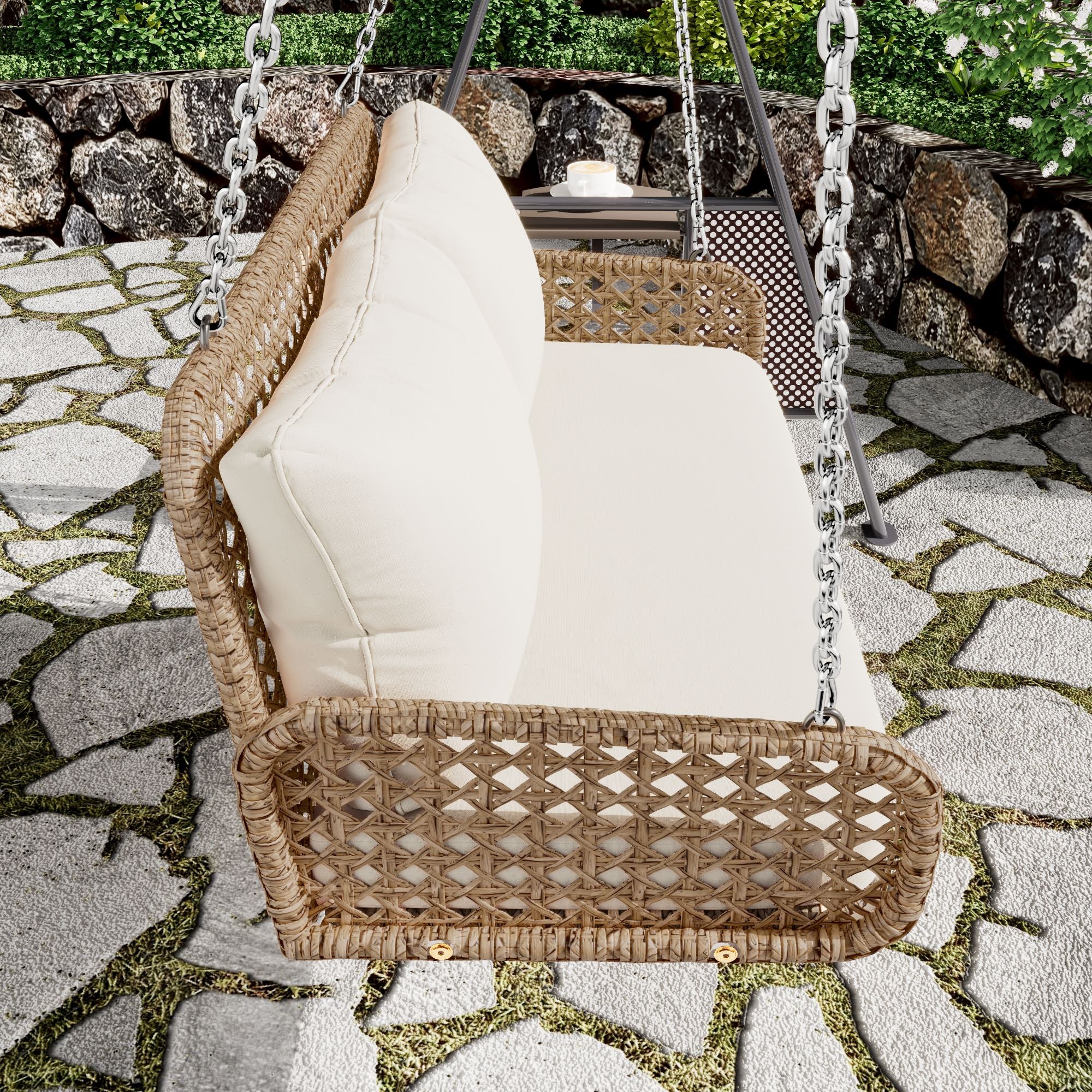 PE Rattan Double Swing Seat with Cushions and Chains, 320kg Capacity, Beige
