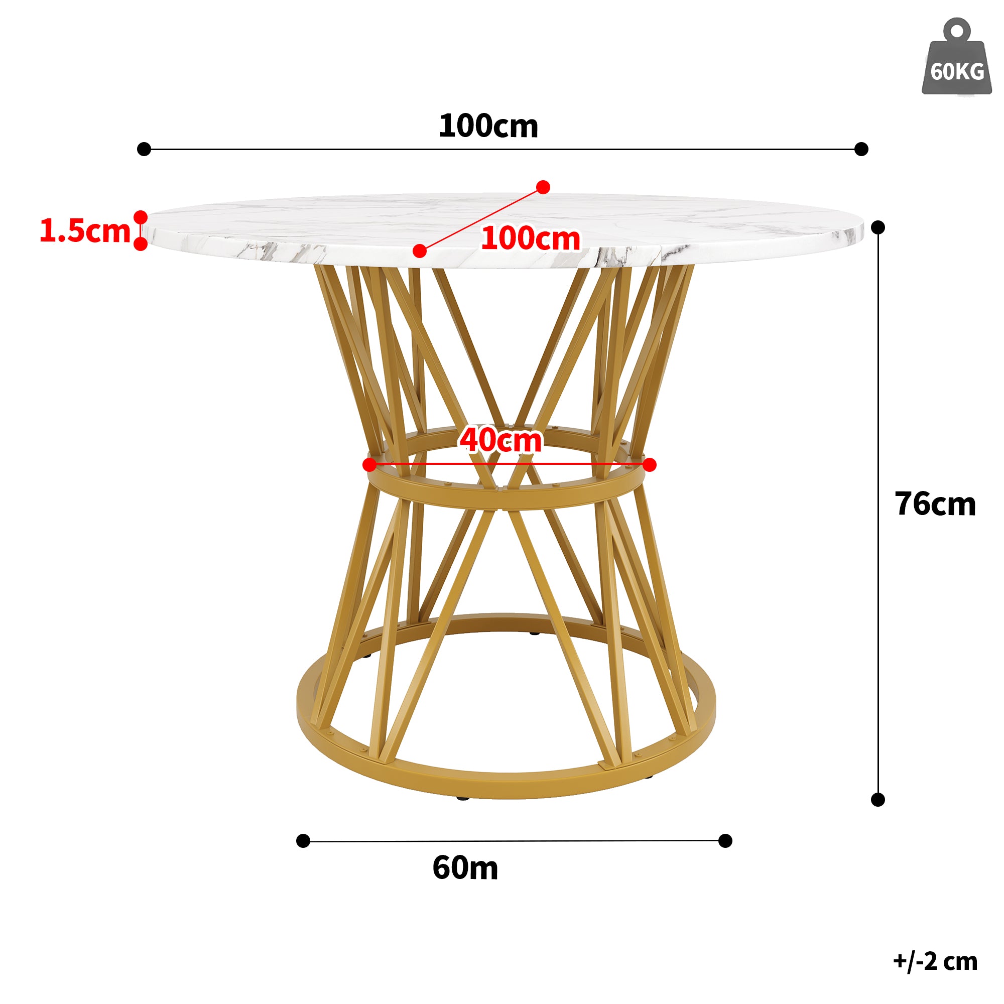 Round Dining Table 100cm 4-Seater MDF Marble Top Gold