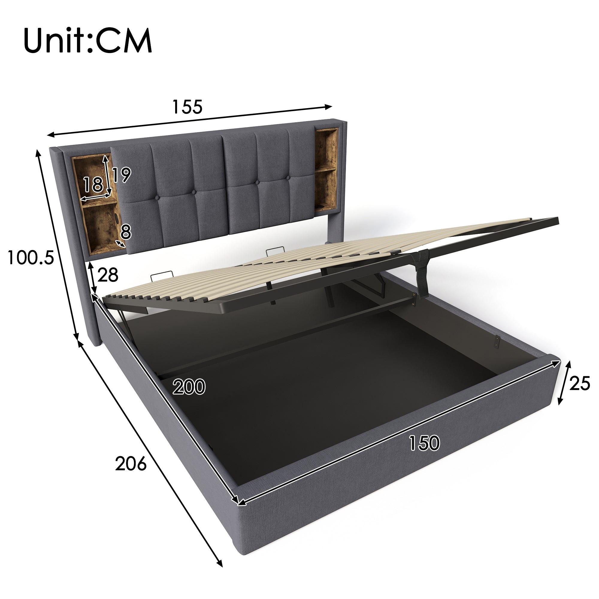 Upholstered Bed King Size 150 x 200 cm, Hydraulic Storage with Wireless Charging, Linen Fabric, Grey