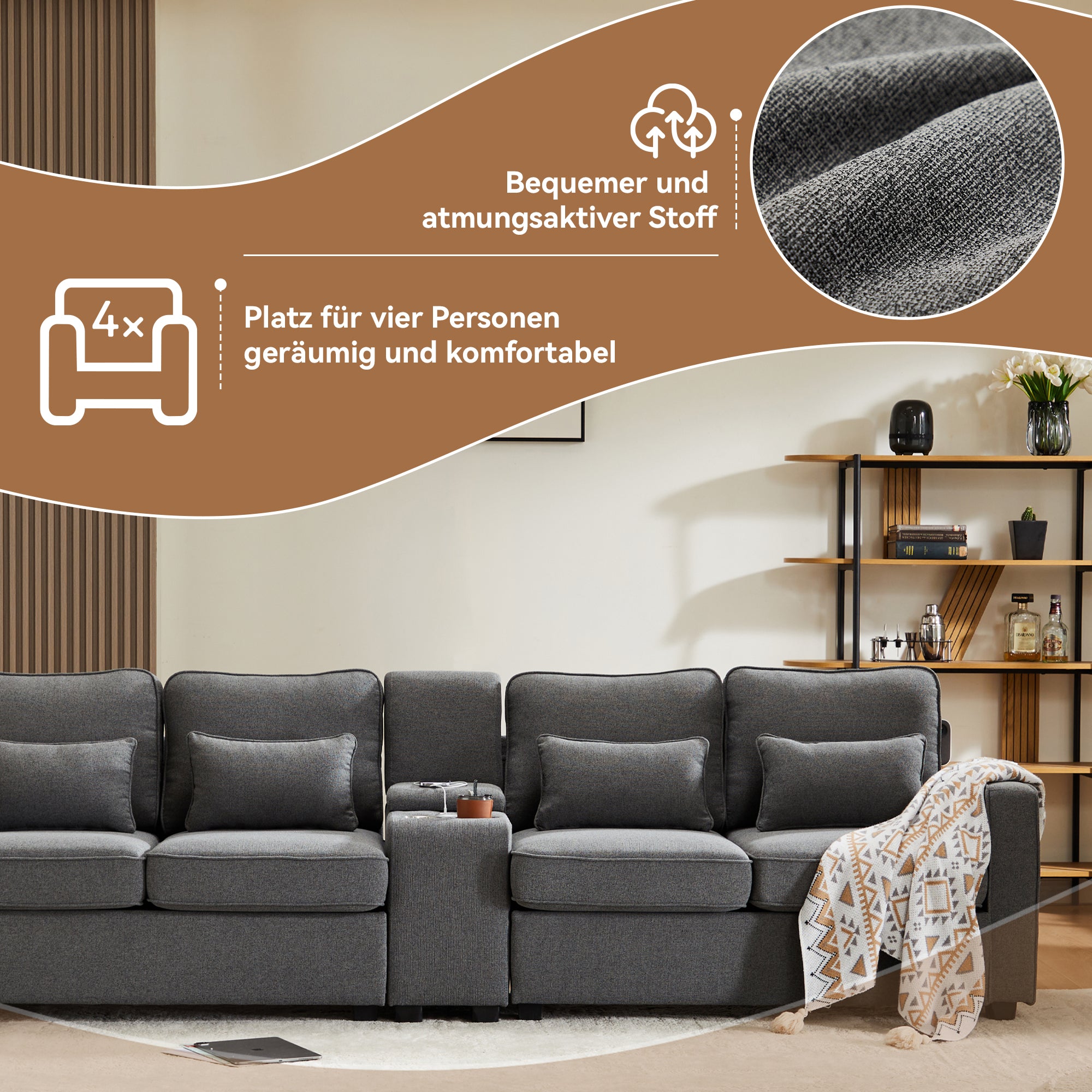 Sofa, Modern 4-Seater with Console, USB, Cupholders, Linen Fabric