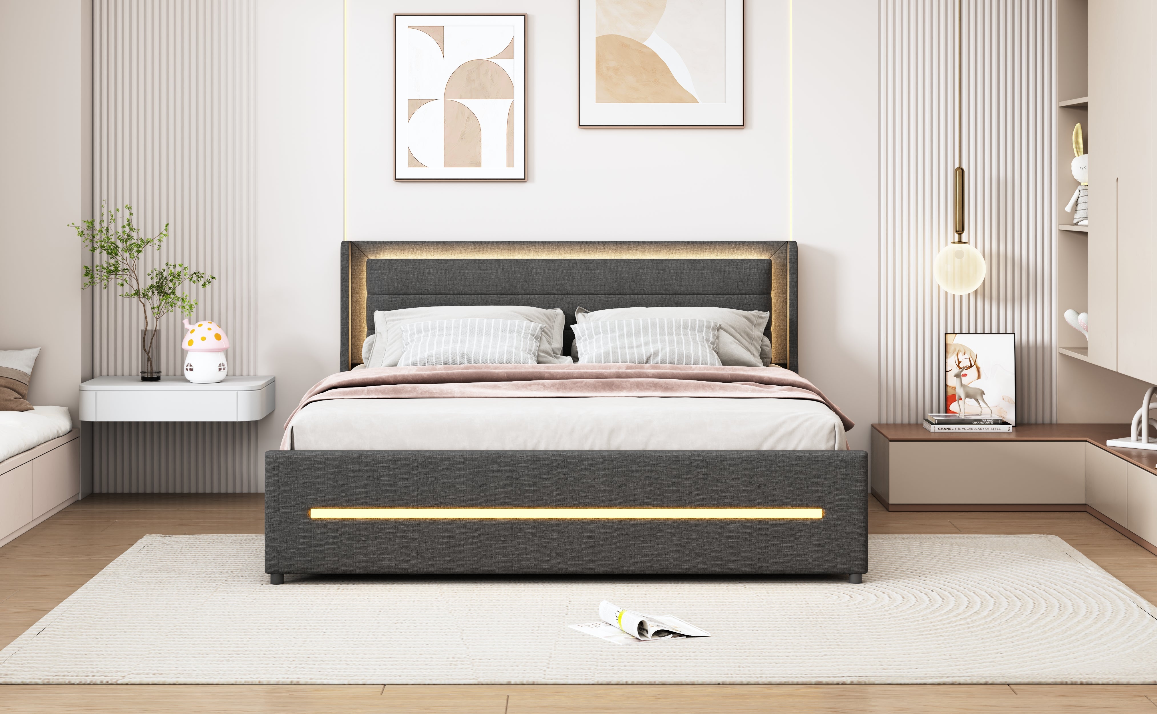 Upholstered Bed 160*200, LED Lighting, 4 Storage, Linen, Gray