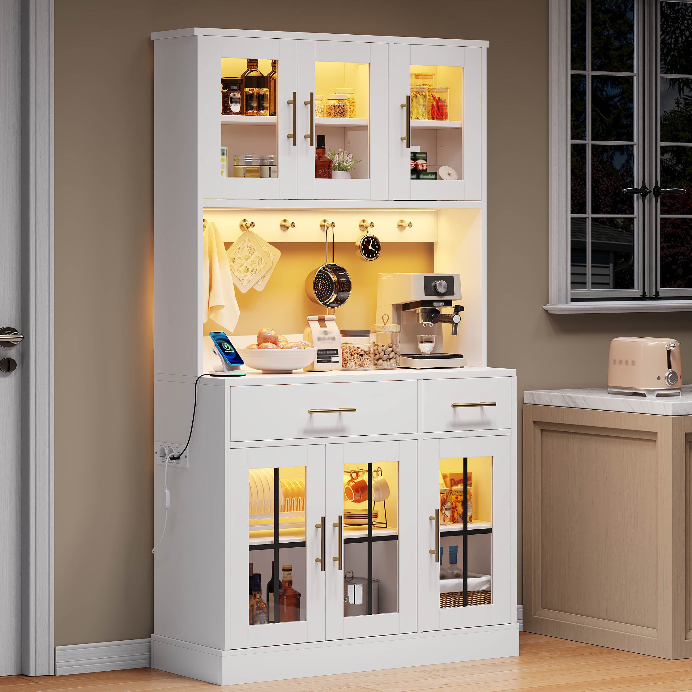 Kitchen Sideboard 180x100cm LED Socket 6 Doors 2 Drawers Adjustable Shelves - White