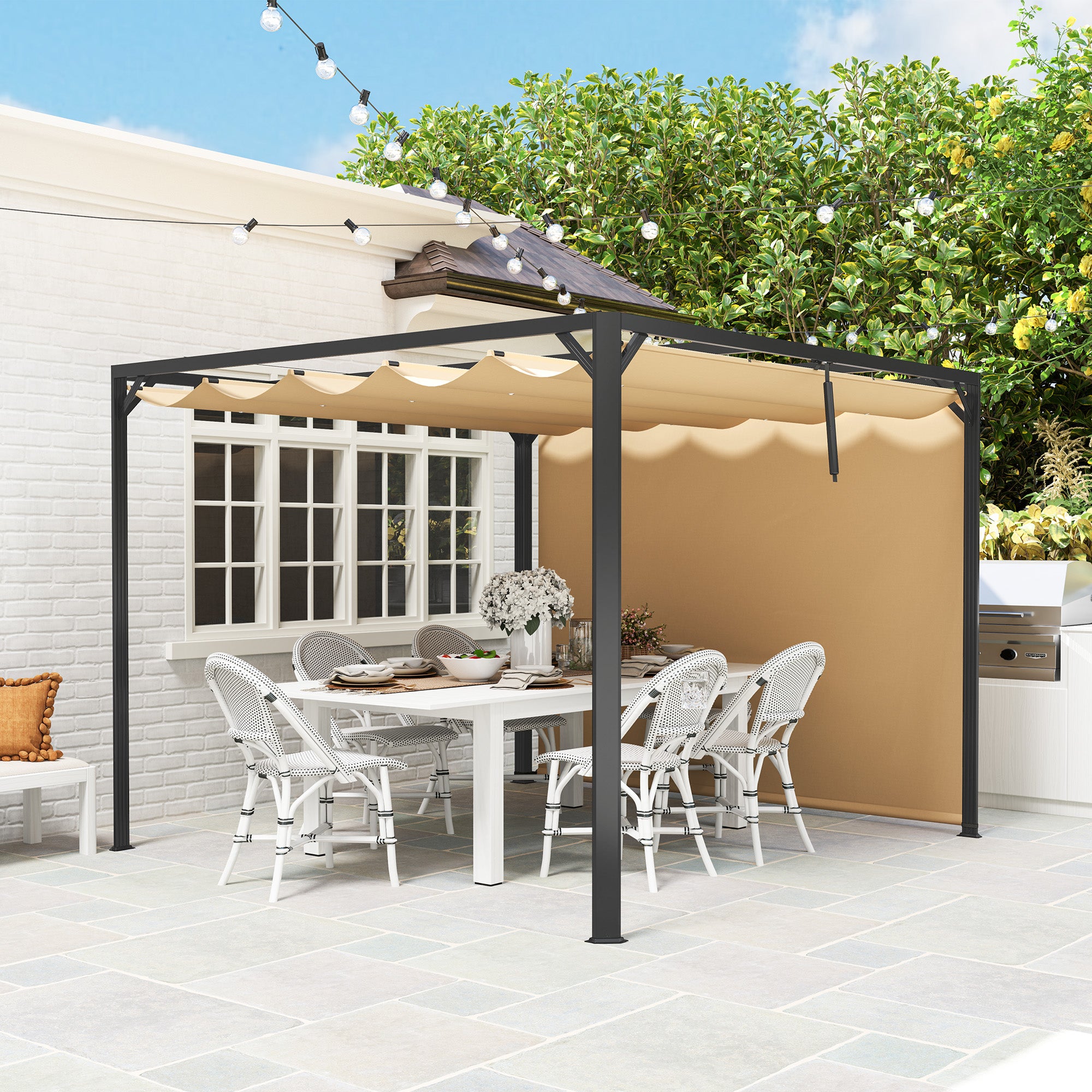 3 x 3m Aluminium Pergola with Retractable Roof and Wall - Khaki