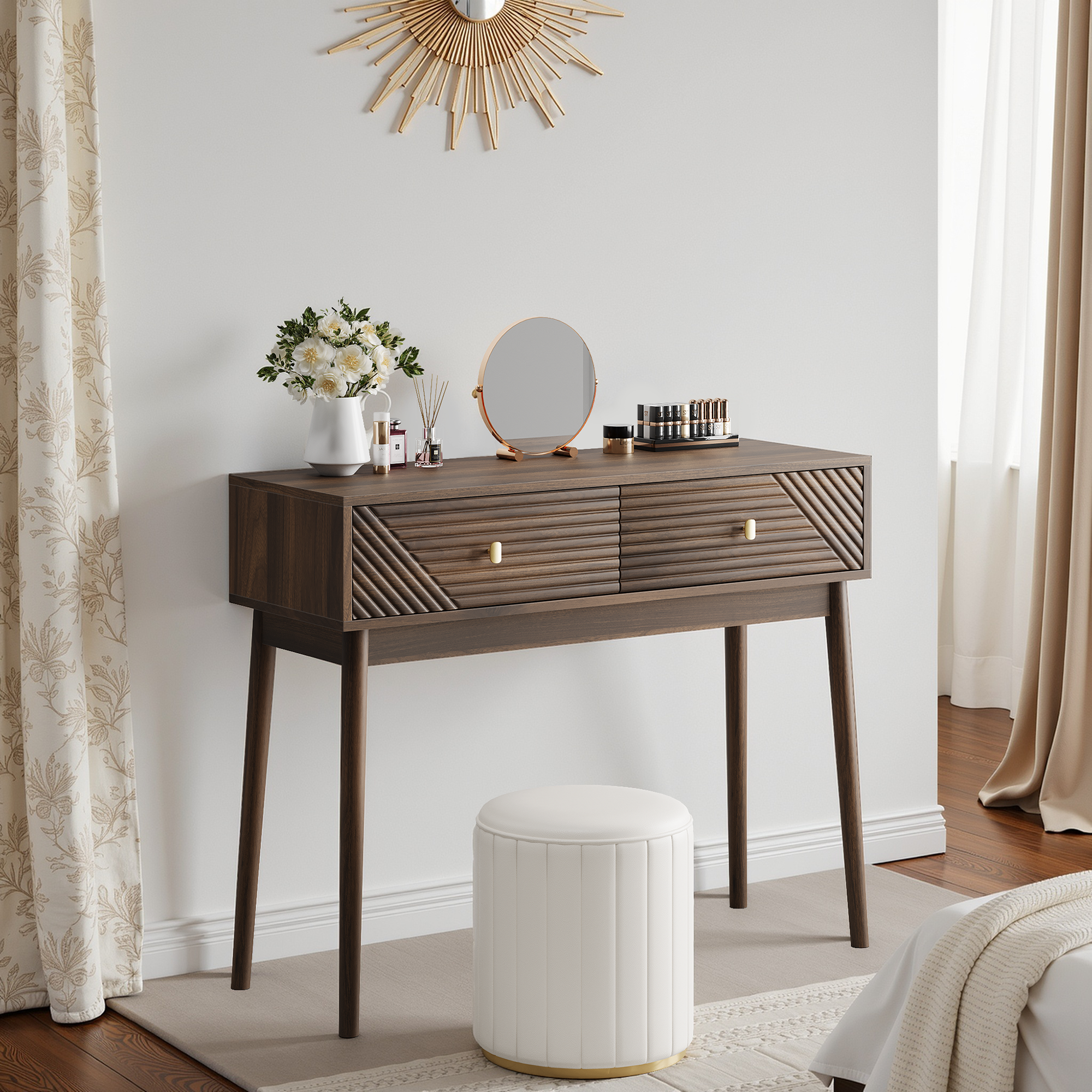 Desk, Console Table with Drawers and Open Shelves, Walnut