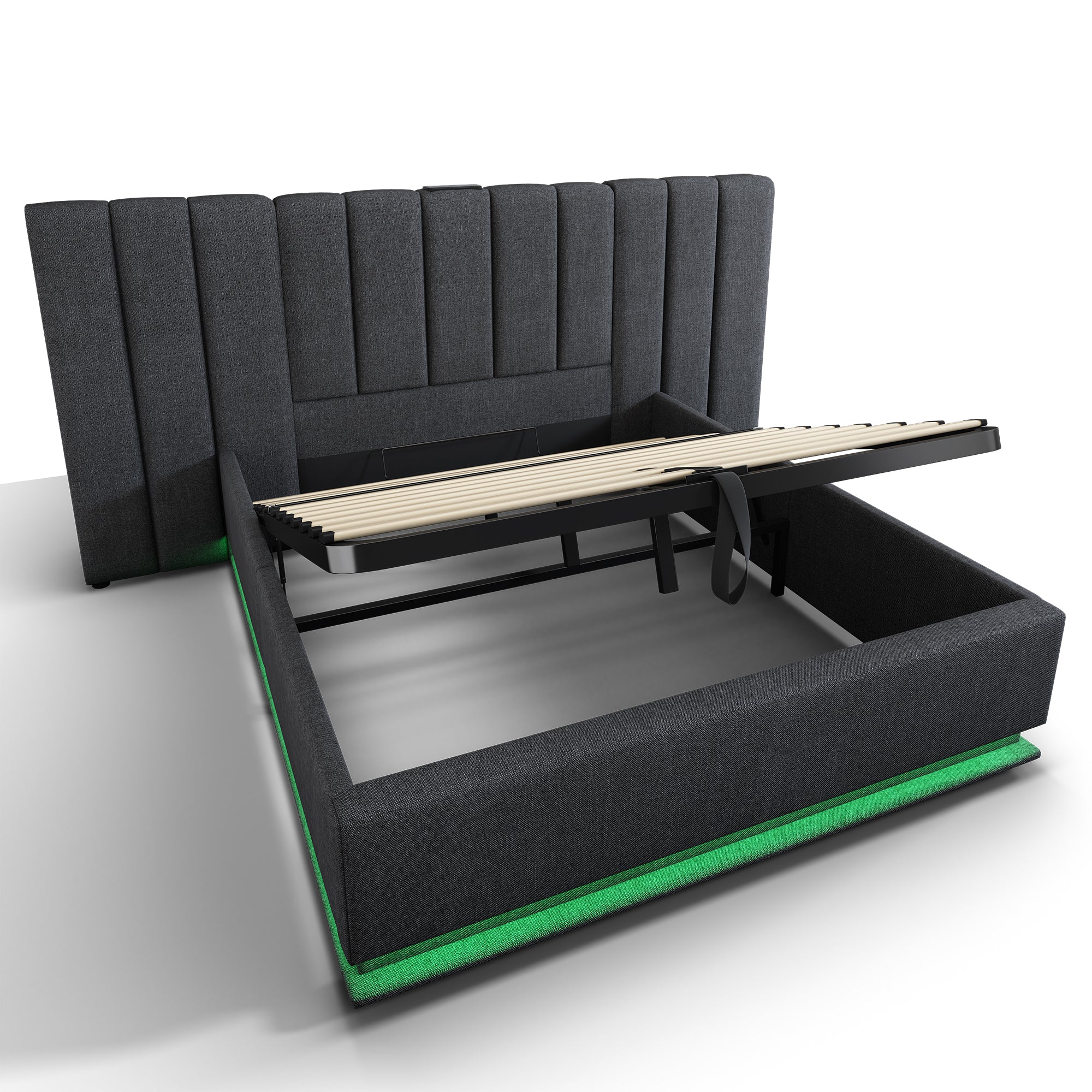 Upholstered Bed 160×200, Double Storage with App Control LED & USB-C, Linen Grey