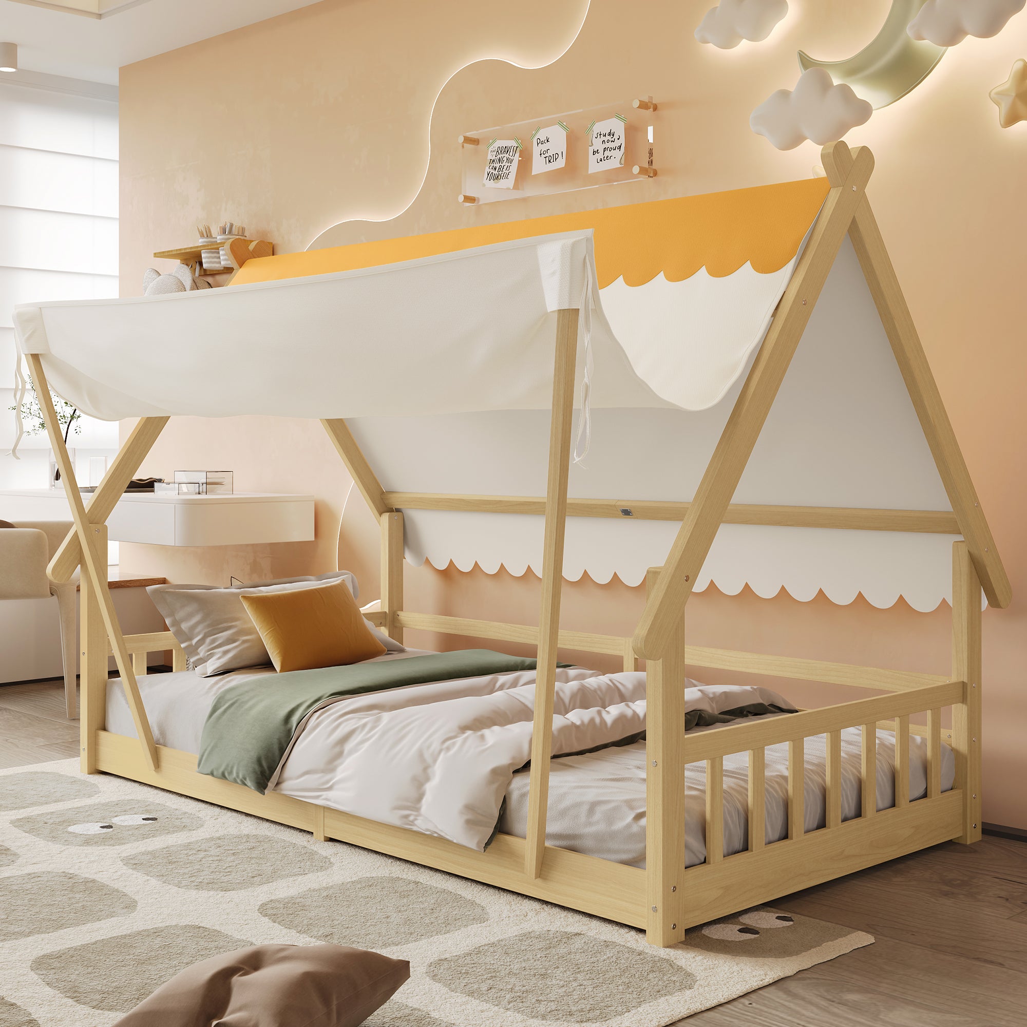 Wooden Bed, Children's Single with Removable Tent & Safety Railing, Pine + Plywood, Natural