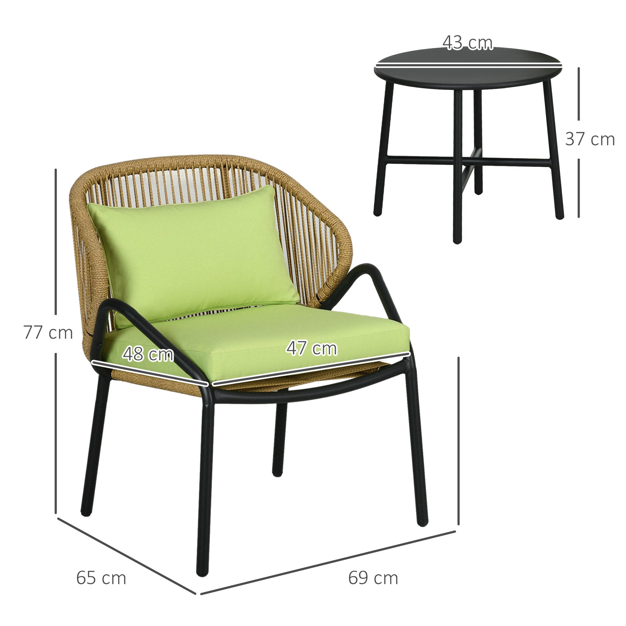 3-piece Rattan Garden Furniture Set with 2 Chairs & Side Table, Steel, Green