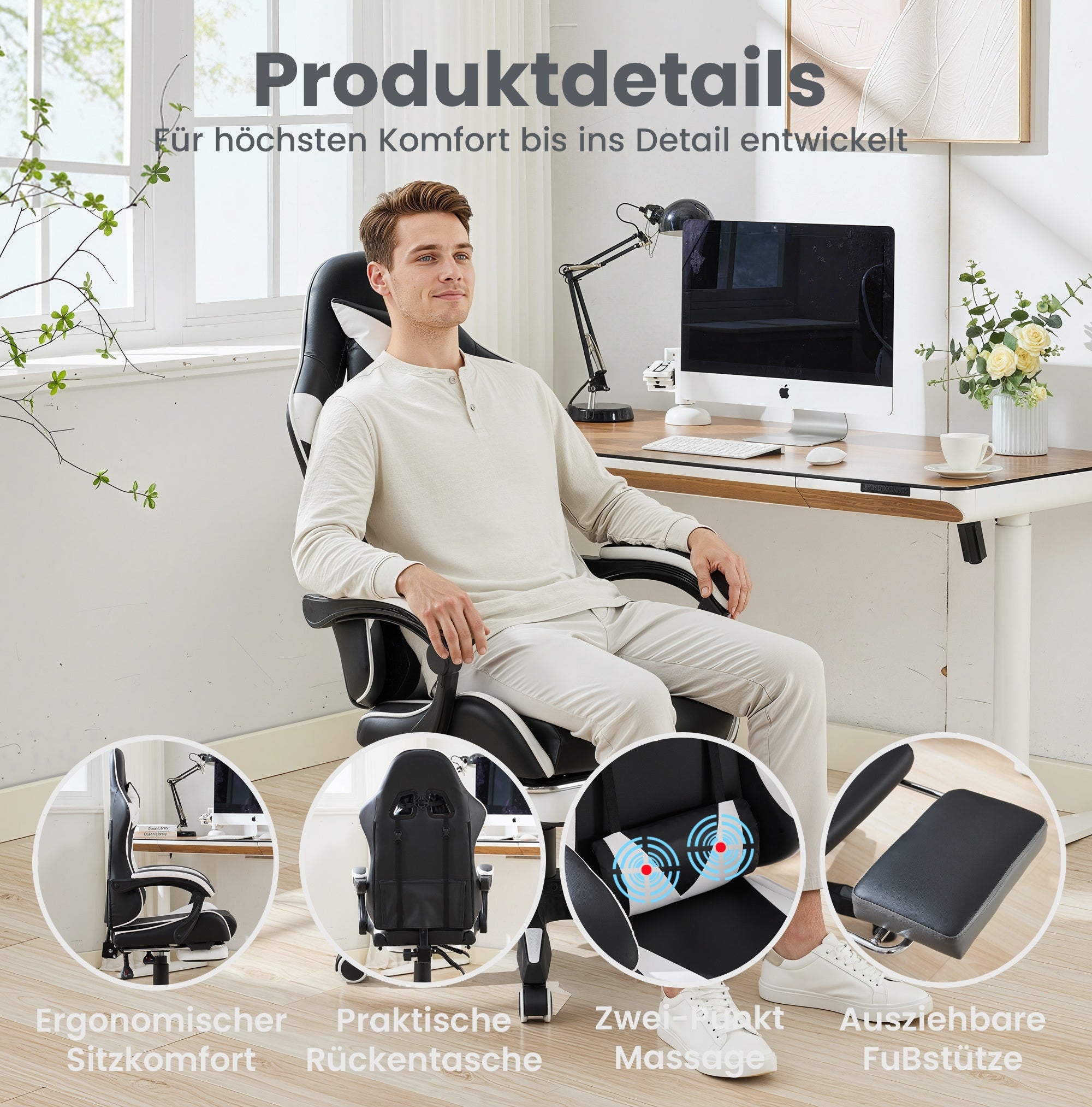 Gaming Chair 360° Swivel Ergonomic Racing High-Back Adjustable Footrest Headrest Lumbar Support - Black & White Leather