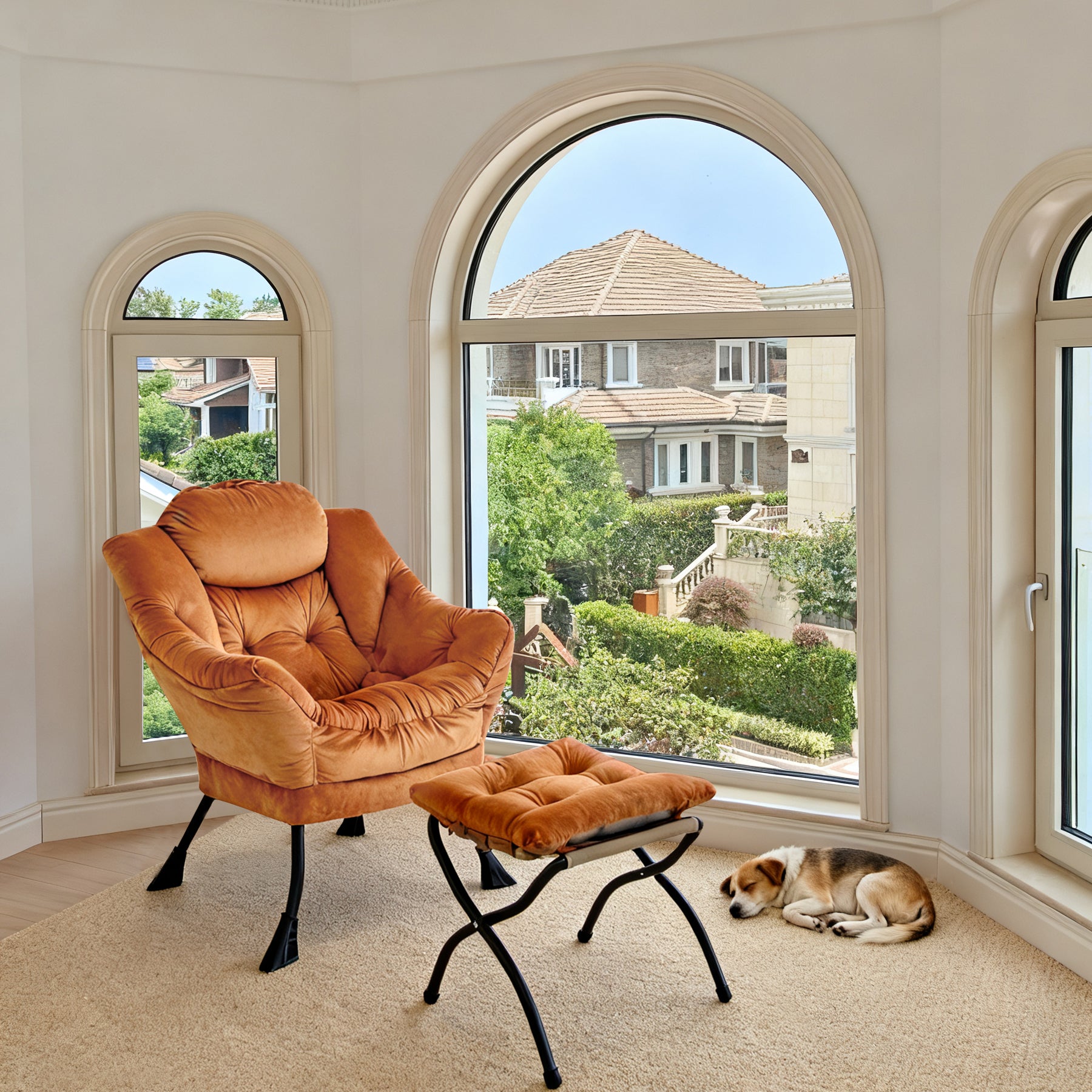 Armchair with Footstool, Recliner Wing Chair with Armrests and Side Pocket, Orange