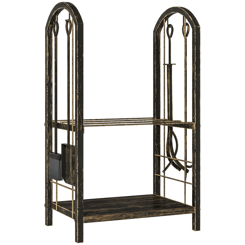 Indoor Firewood Rack, 2-Tier with 4 Fireplace Tools and Hooks, Metal