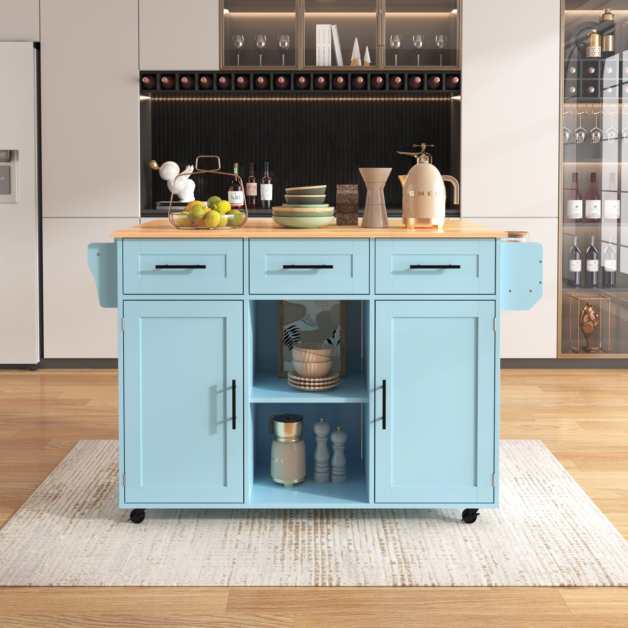 Dining Trolley Sideboard with Fold-Down Worktop and Casters, Blue and Solid Wood Grain