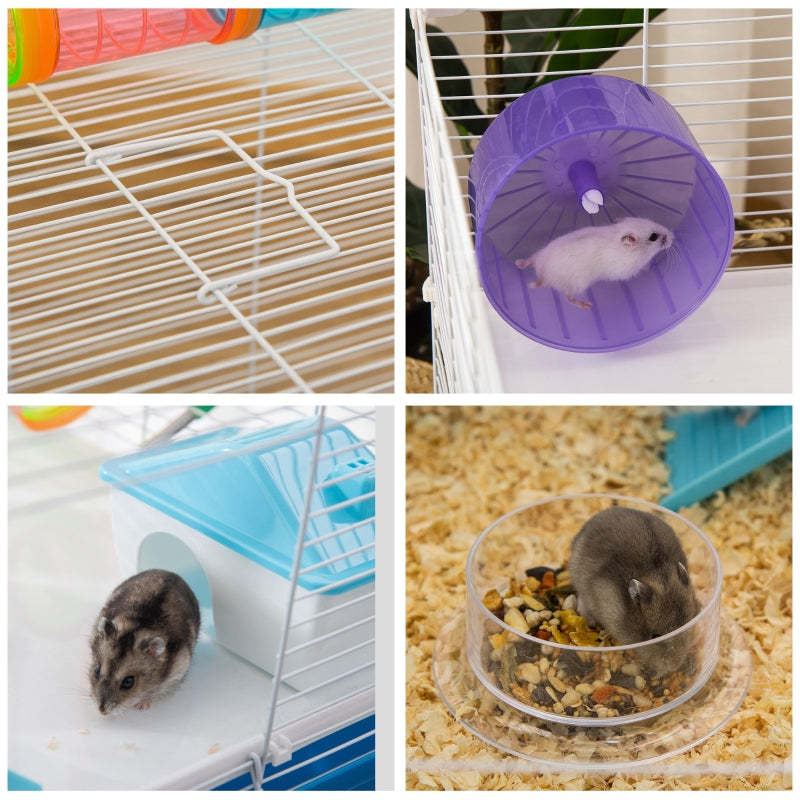 Hamster Cage, Gerbil Cage 3 Tier with Tube, Exercise Wheel, Water Bottle, Food Dish - Blue