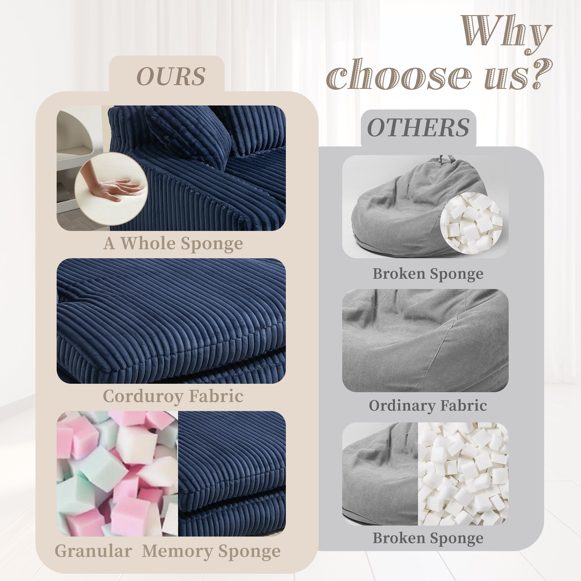 GOMYWAY Oversized Chaise Lounge Sofa Sleeper Chair with 3 Throw Pillows, Navy