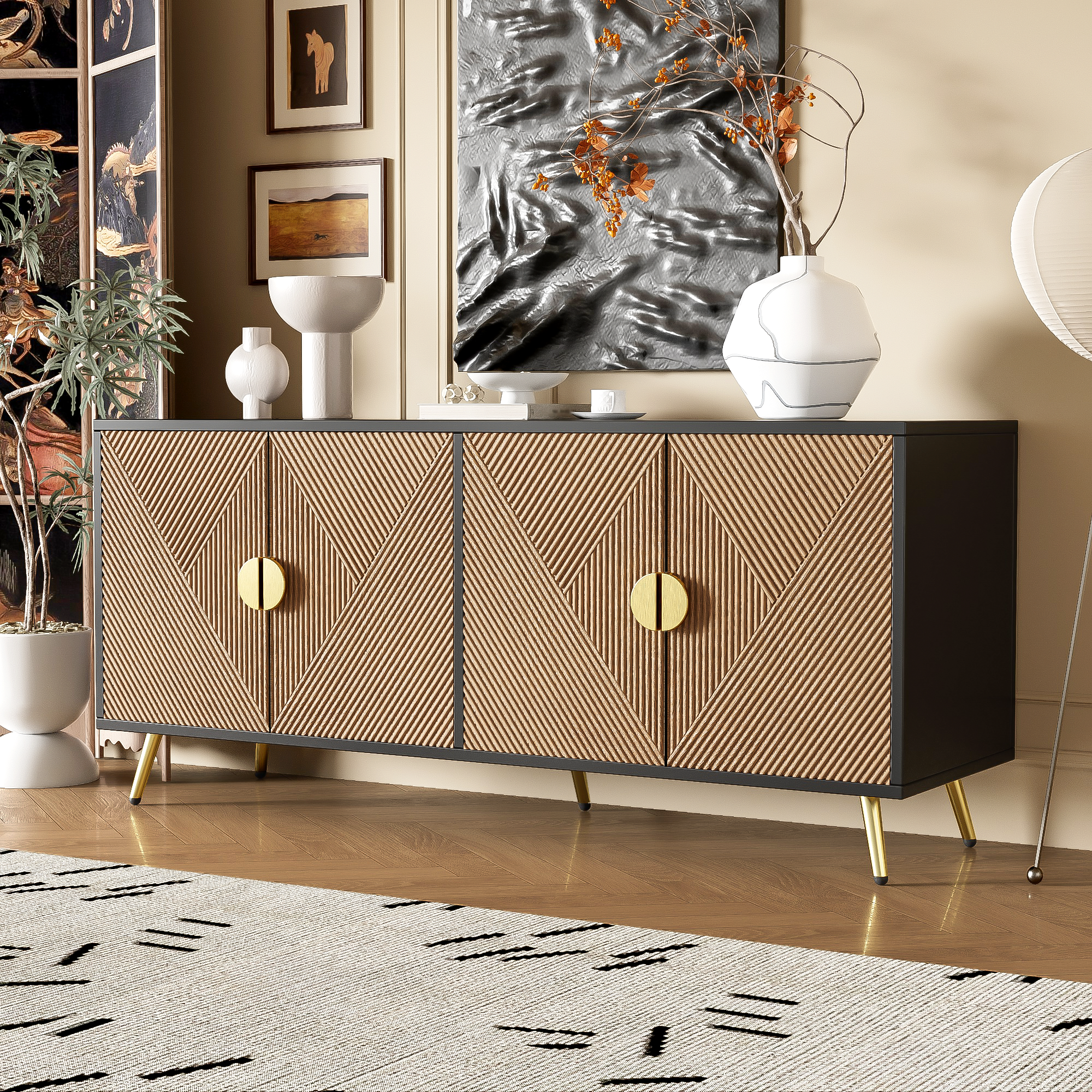 Sideboard, 160 cm, Four Doors, Golden Brushed Handles, High-Gloss Table Legs