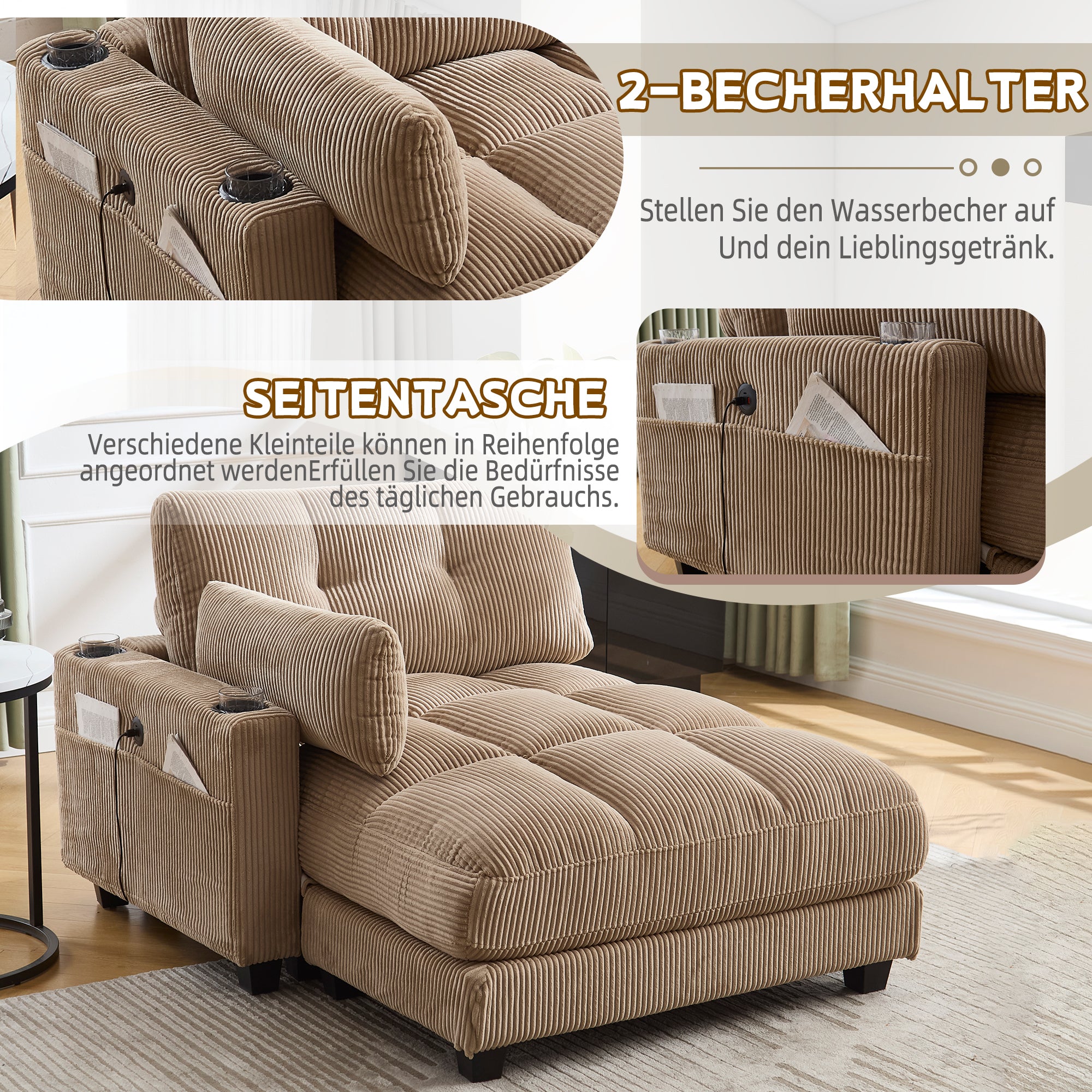 Palm Chair, Fluffy Striped, Rolling Cushions, Head Flaps, Side Pocket, Khaki