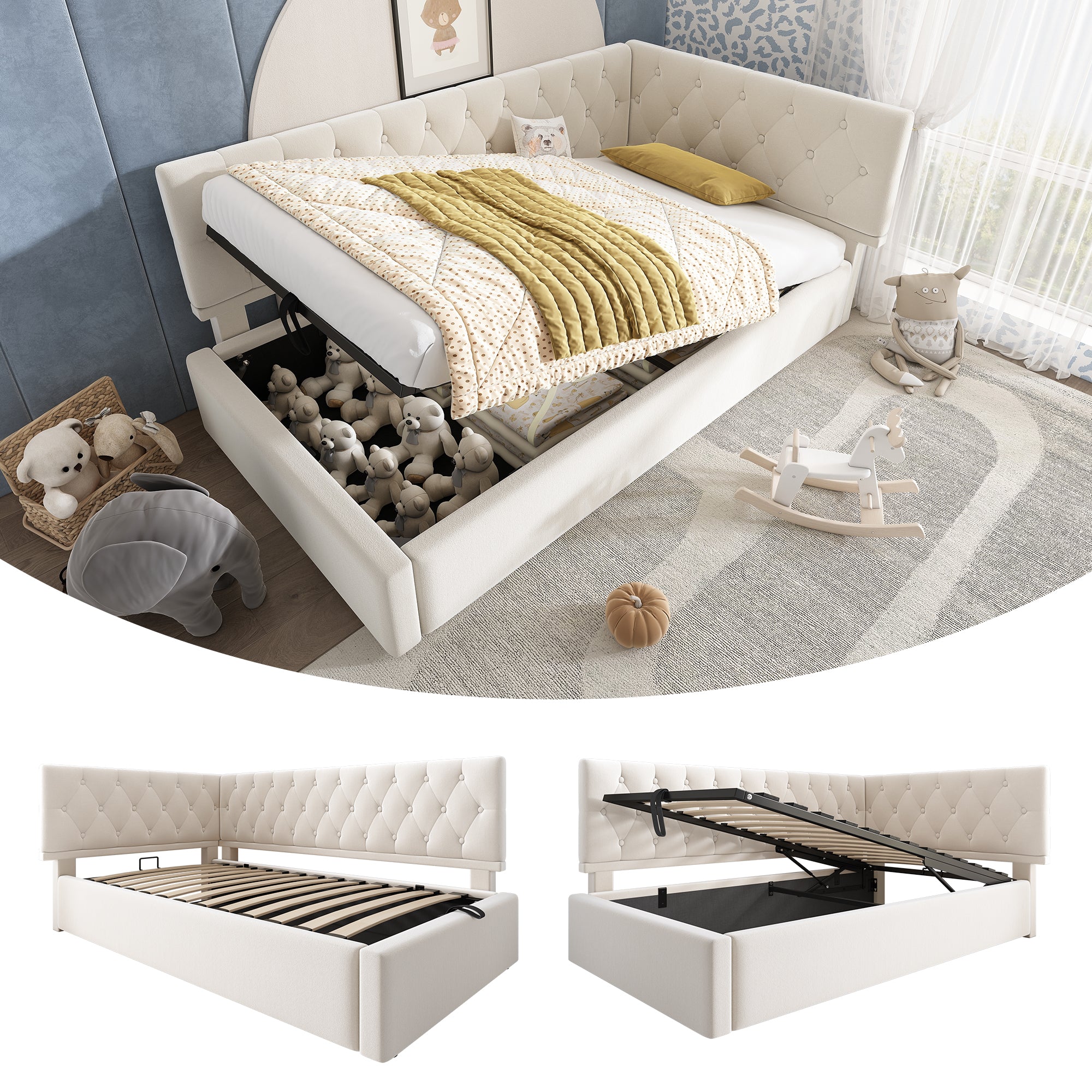 Upholstered Bed, Daybed 90x200cm with Hydraulic Storage, Wooden Slatted Frame, Beige Velvet