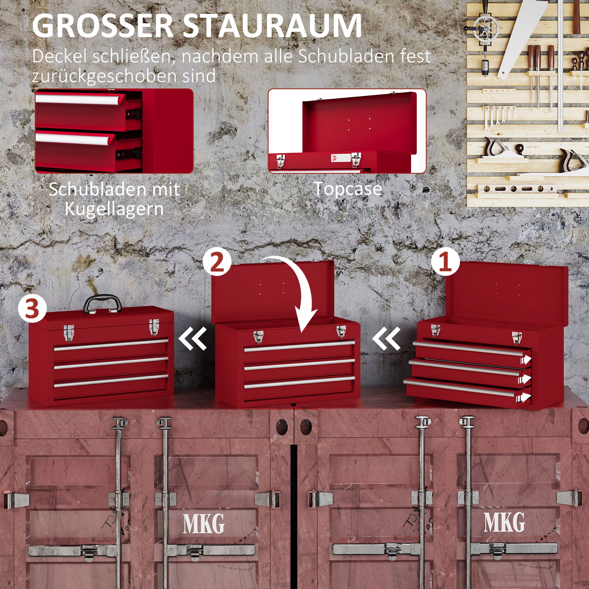 DURHAND empty tool case with 3 drawers and upper storage compartment, steel, red