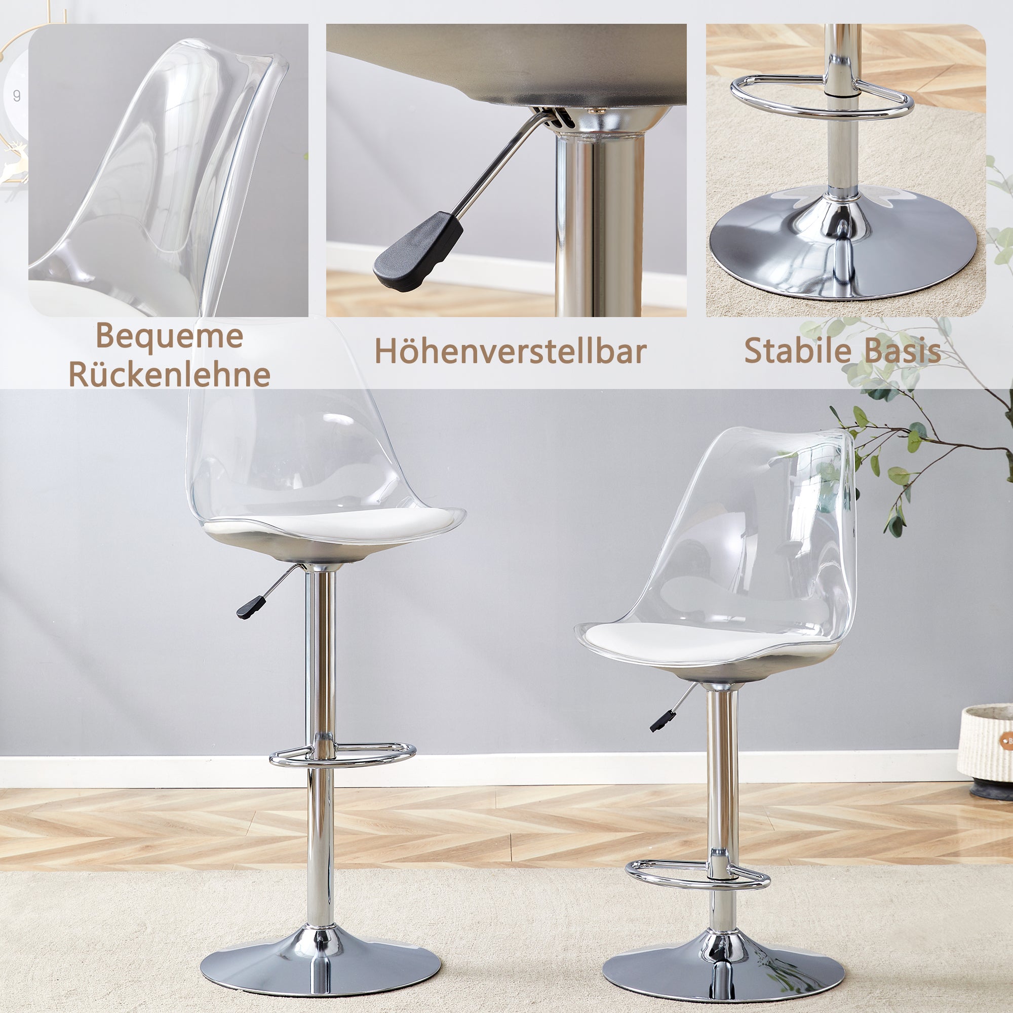 Modern Bar Stool Set, Adjustable Swivel Plastic Backs, PU Leather and Metal