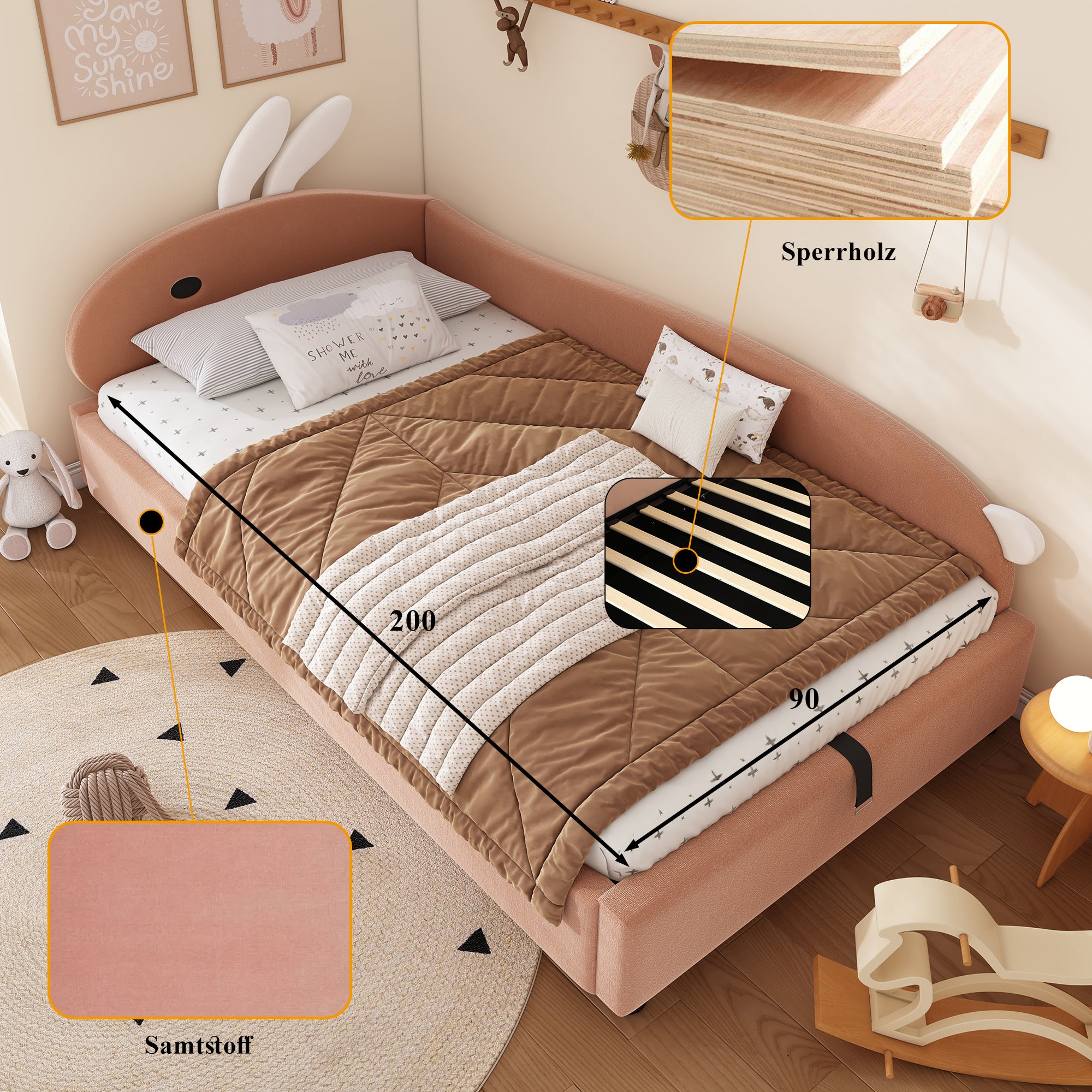 Upholstered Bed, Single Children's with Bunny Headboard & Hydraulic Storage, Velvet Pink+White