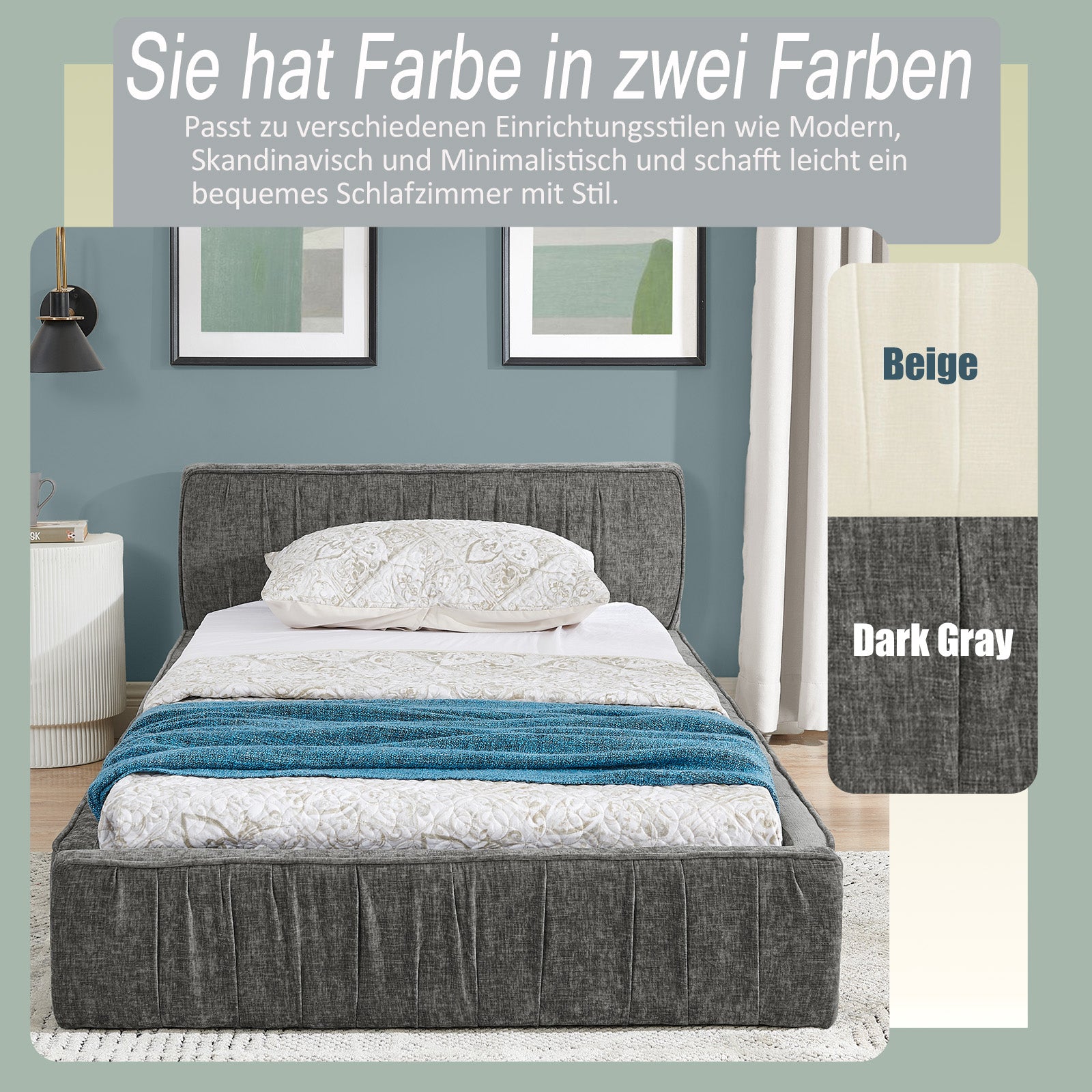 Single Bed 90x200cm Eucalyptus Wood Frame, Chenille Dark Grey