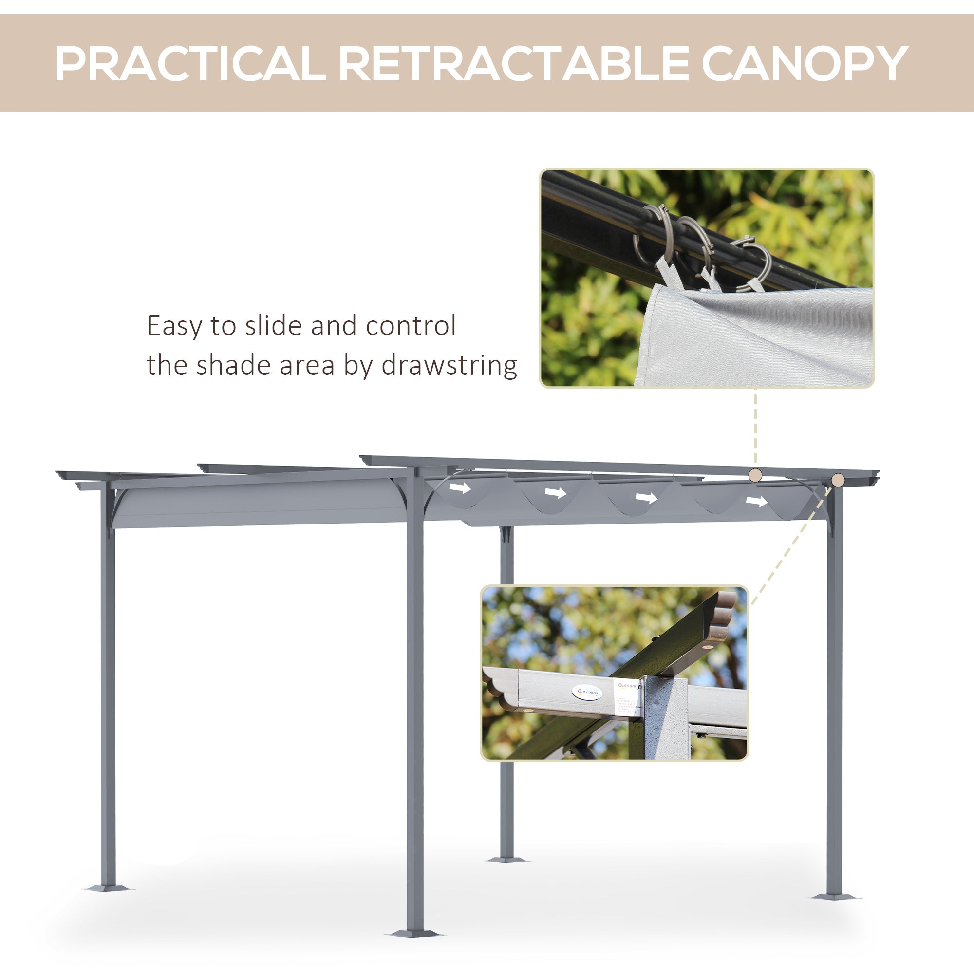 Metal Pergola Gazebo Awning 3.5M X 3.5M Retractable Canopy Sun Shade, Grey