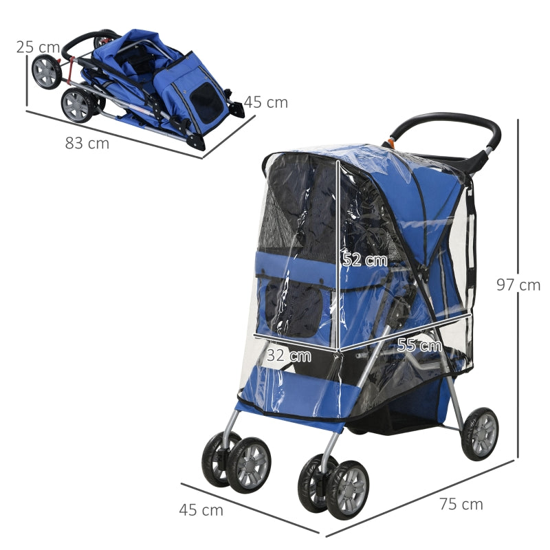 Dog Buggy, Foldable Rain Cover, Bottom Basket, 2 Cup Holders, Blue