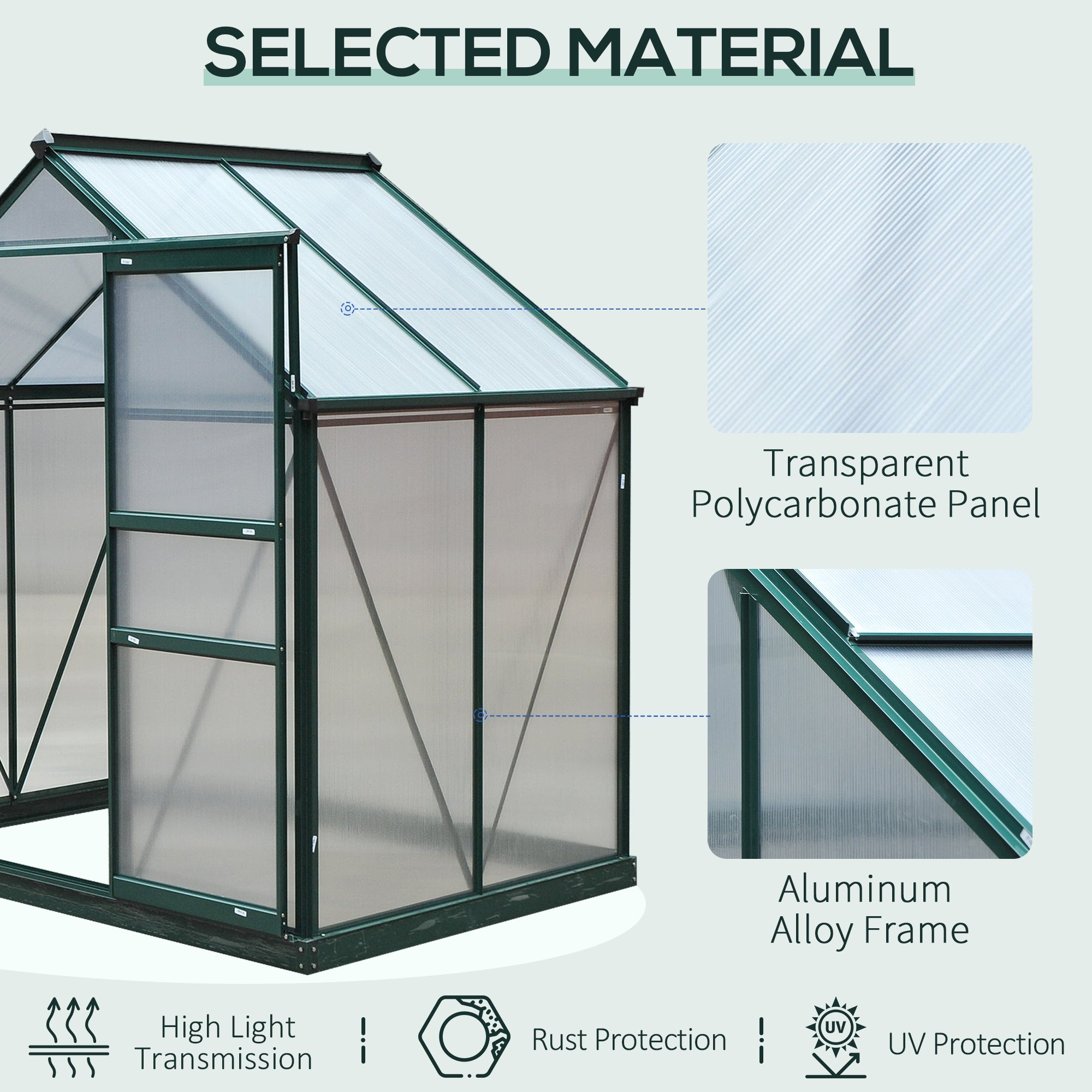 Polycarbonate Greenhouse, Large Walk-In 6 x 4ft with Slide Door and Window, Aluminium Frame, Dark Green