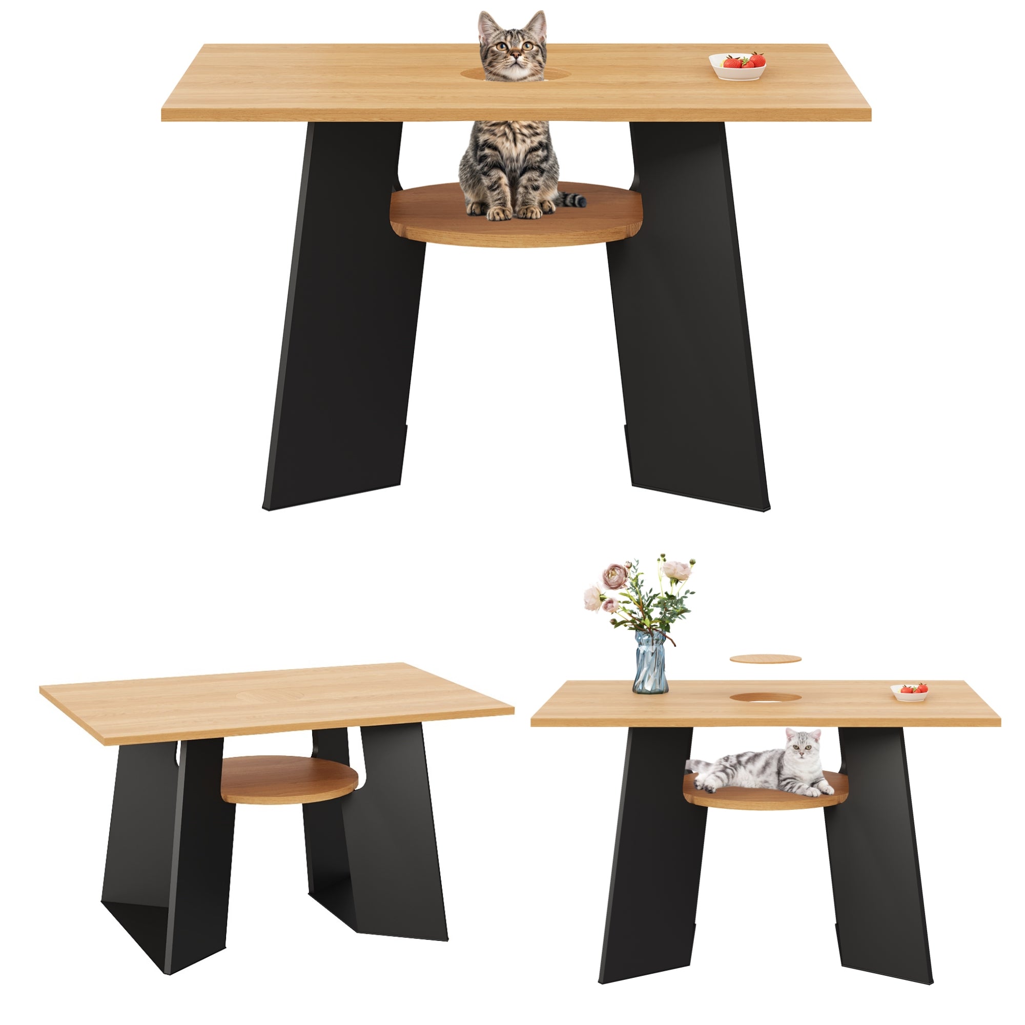 Pet-Friendly Dining Table 6 Seater Pet Area Shelf - Natural Wood/Black Mix