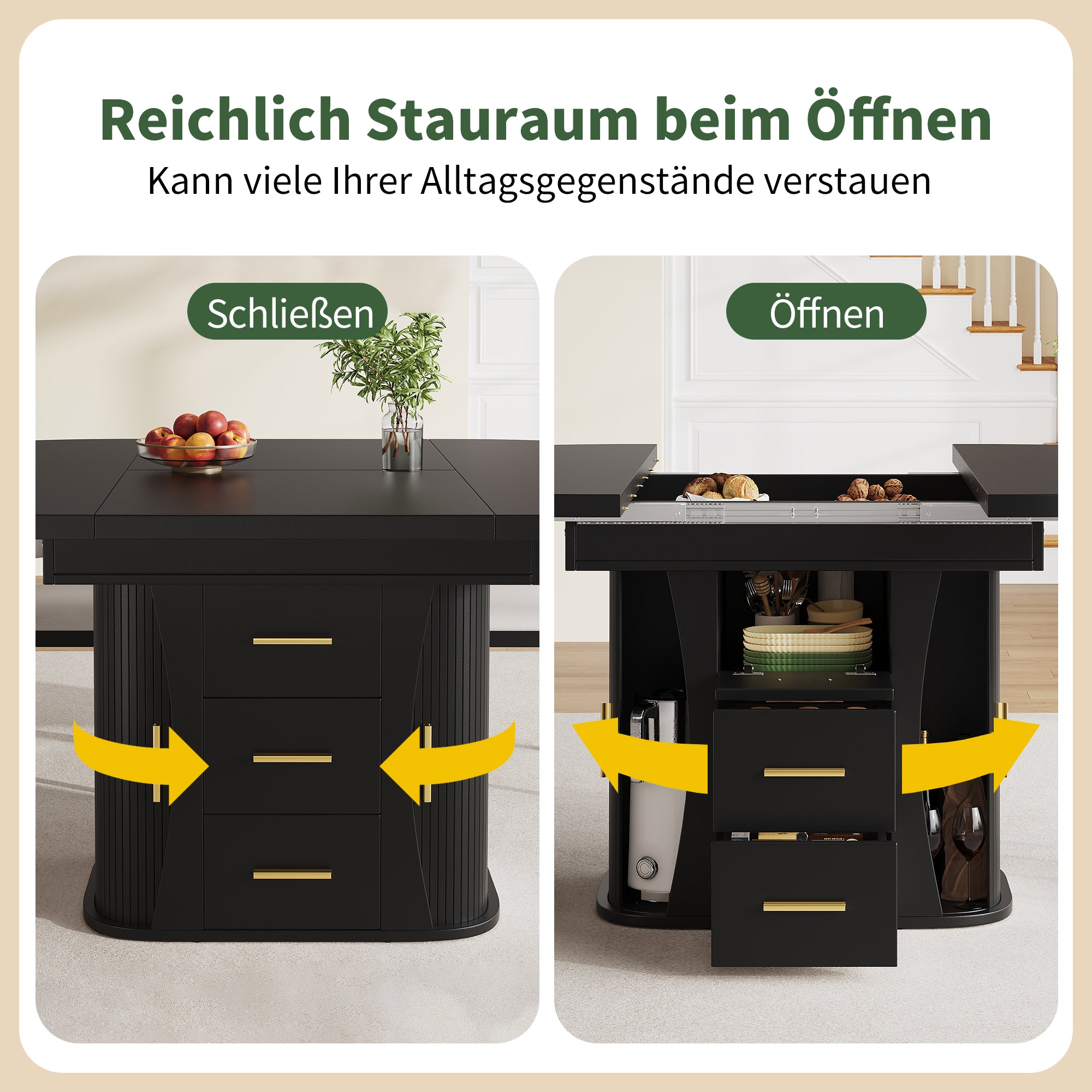 Extendable Round Dining Table, Seats 6 People with Three-tier Storage, Black