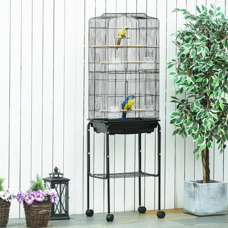 Bird Cage with Stand Wheels Slide-out Tray Storage Shelf, Black