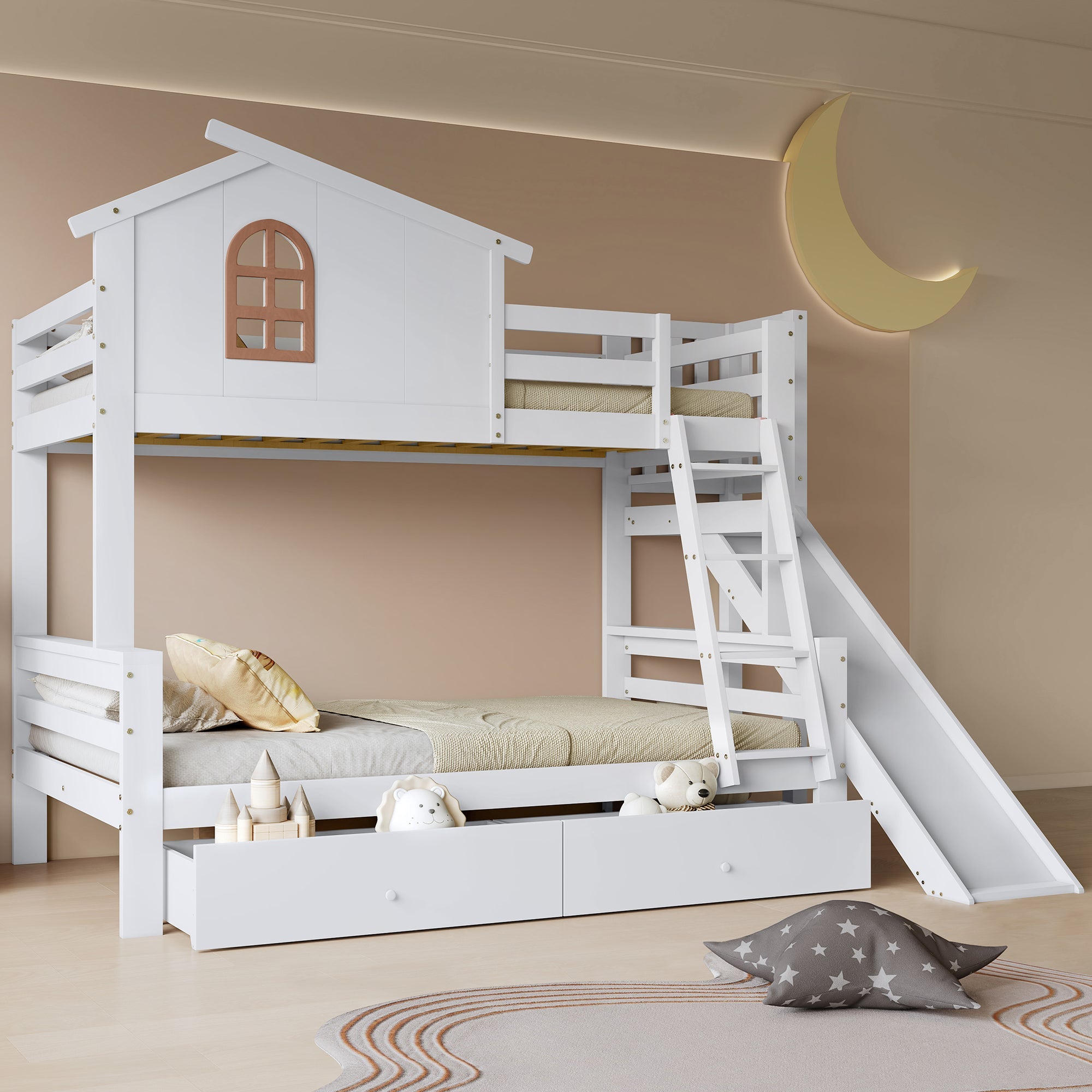 Bunk Bed with Windows, Slide, Two Drawers, Solid Wood Frame, White