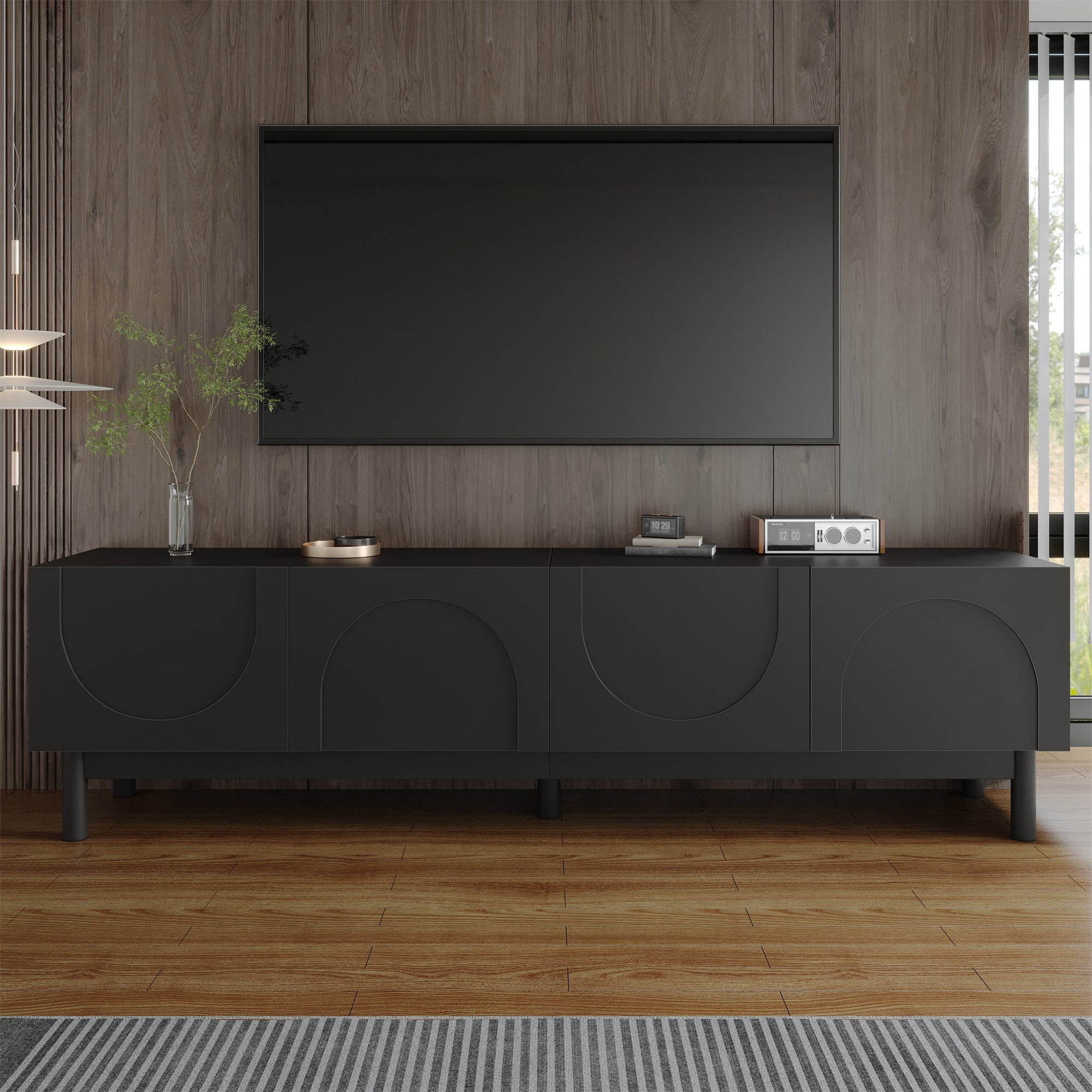 TV Cabinet with Curved Doors, Shelves, and Stabilizing Legs