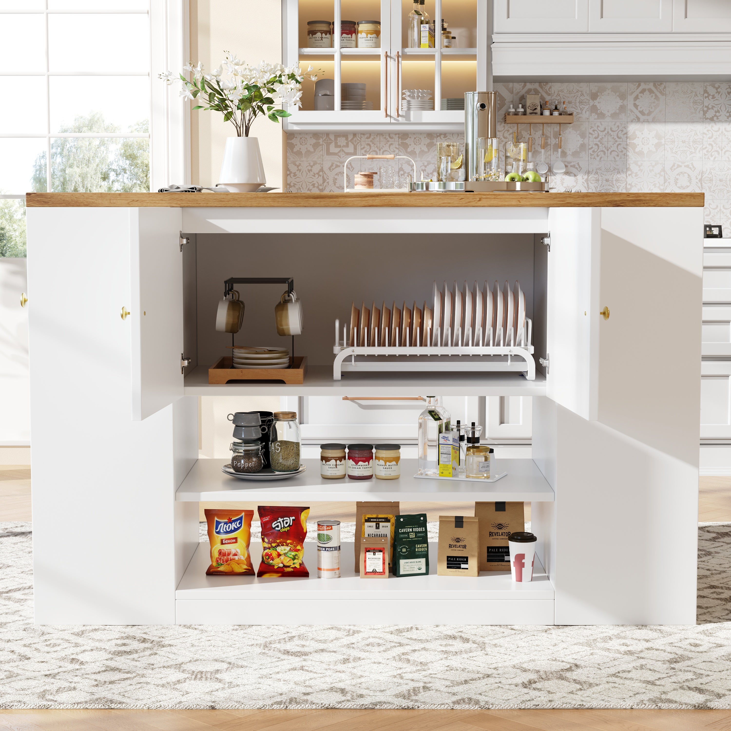 Modern Kitchen Island Sideboard with Drawers and Shelves - White
