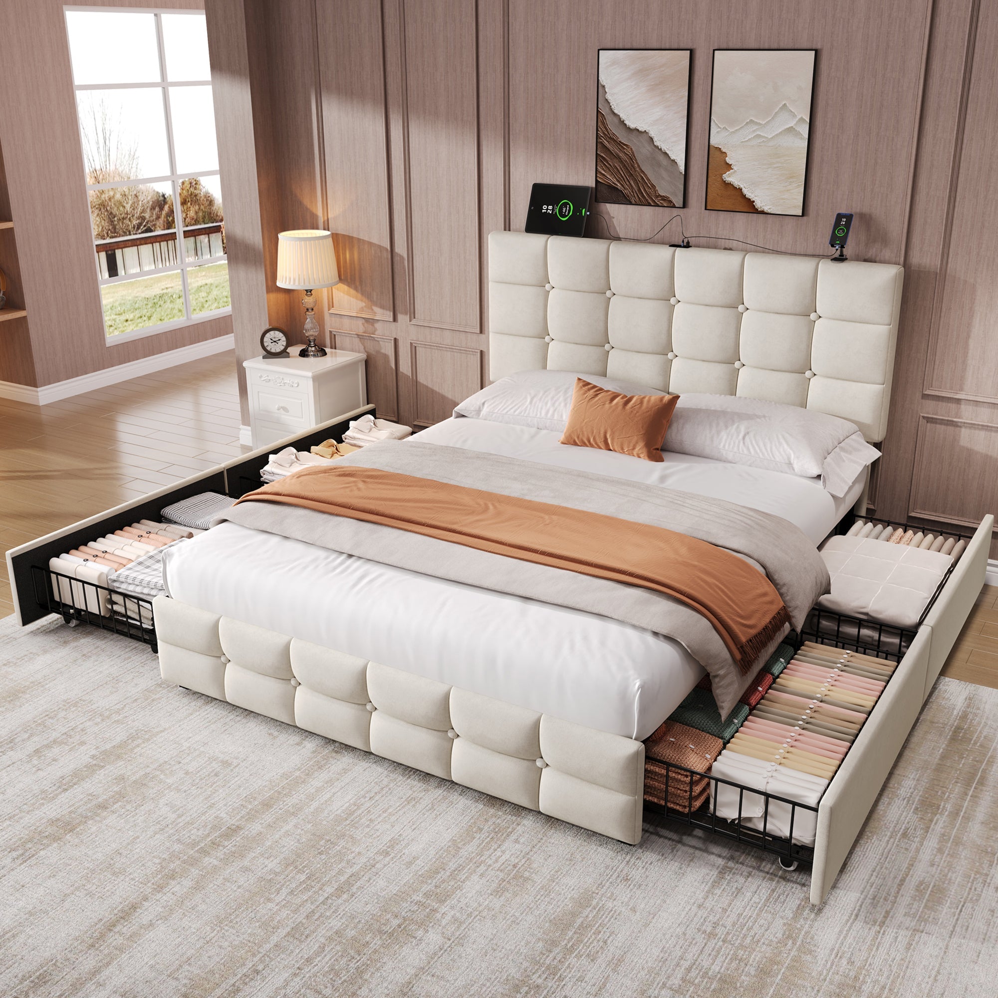 4ft6 Double Upholstered Bed with 4 Storage Drawers & Charging Station, Adjustable Button Tufted Headboard, Beige Velvet
