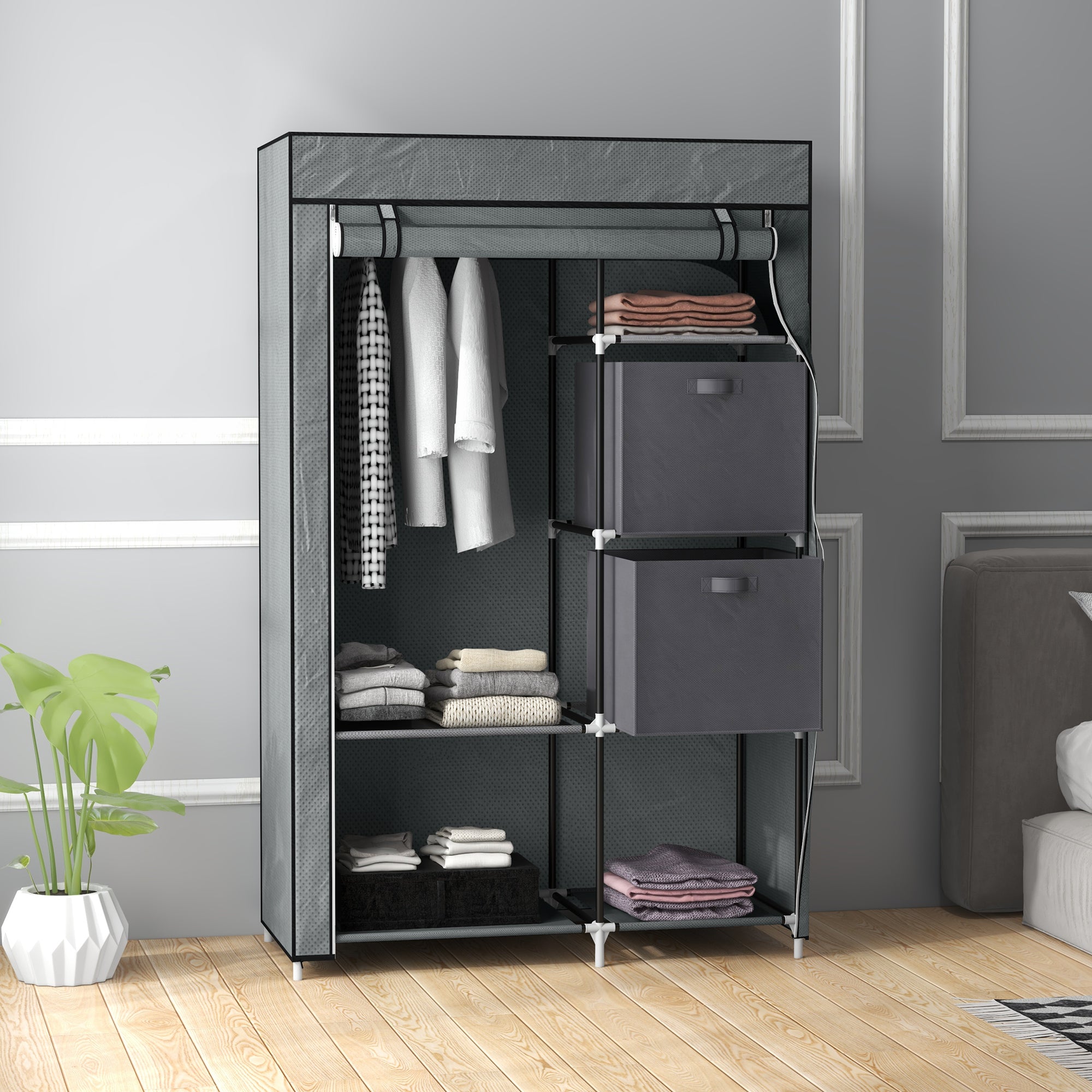 Fabric Wardrobe, Portable Clothes Storage with 5 Compartments and Hanging Rail, Dark Grey
