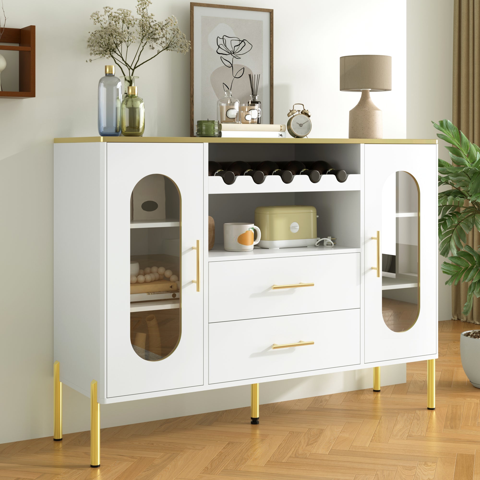 Sideboard, Glass Fronts & Wine Rack, White