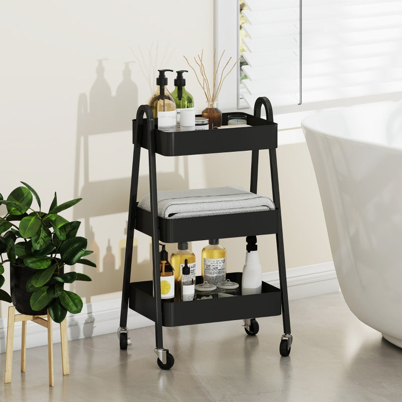 Three-Tier Storage Trolley with 4 Wheels & Mesh Shelves, Black Metal