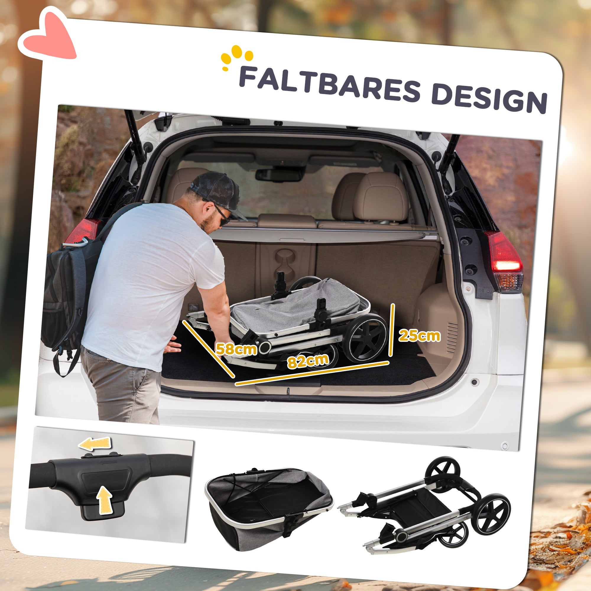 Dog Stroller 2-in-1 Foldable, Brakes, Mesh Window, Light Grey