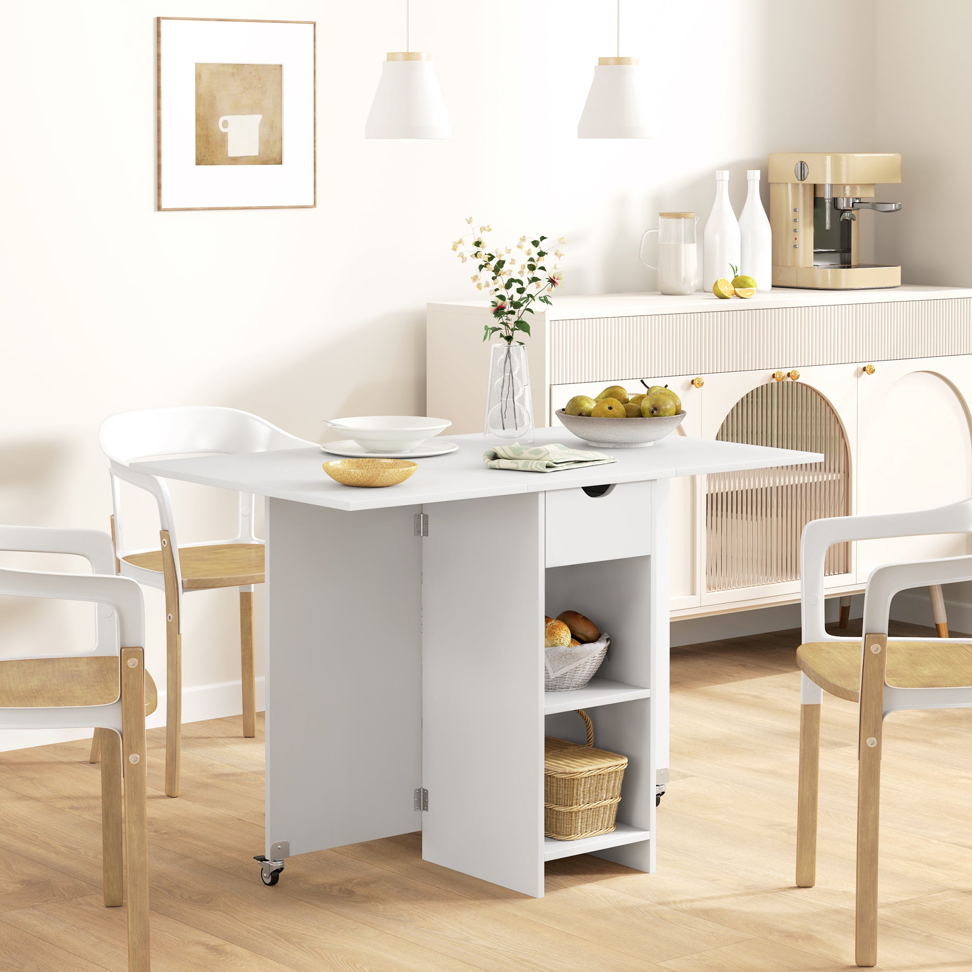 Folding Dining Table, Mobile 2-4 Person Storage Table, White