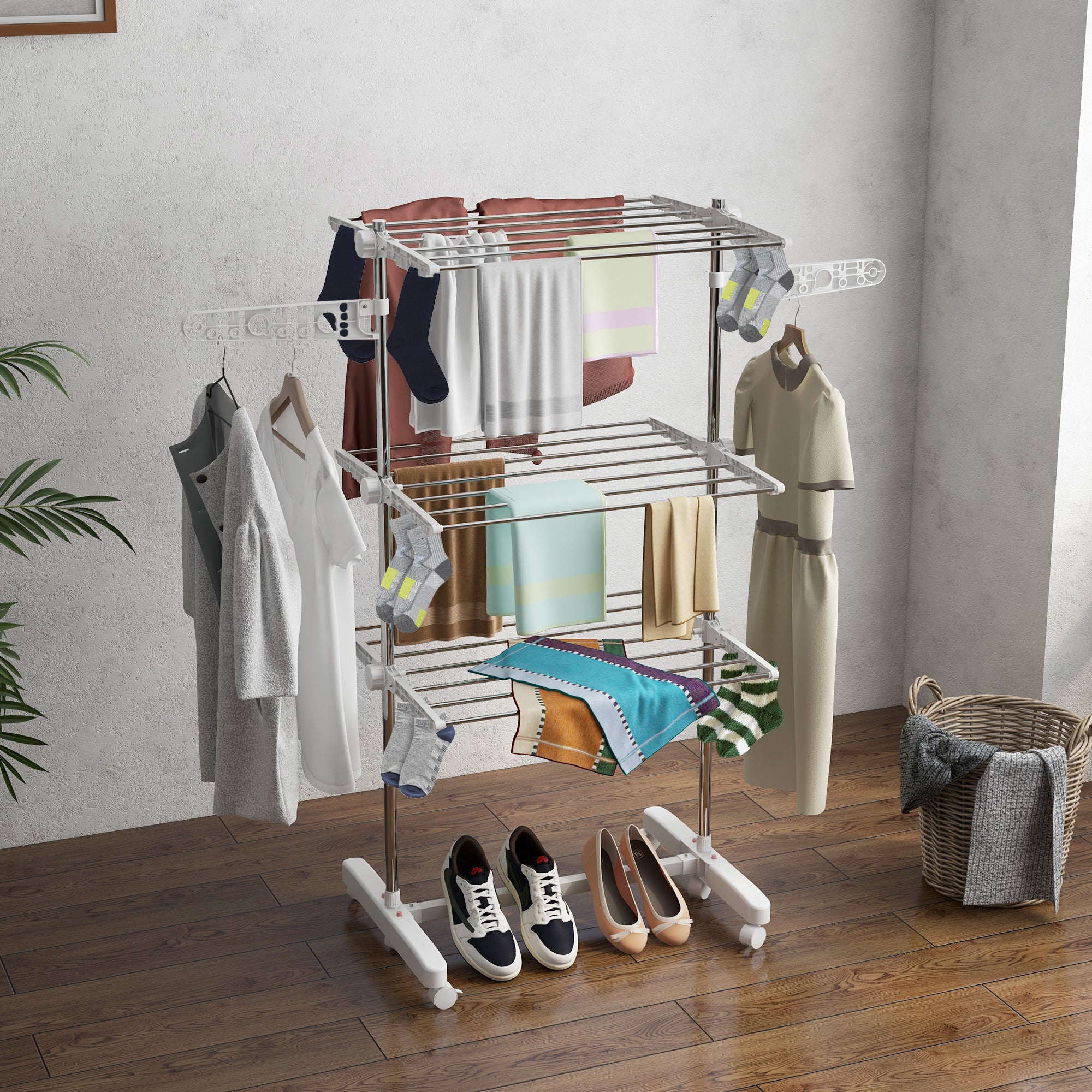 Mobile clothes dryer foldable 3 levels with wheels, for space-saving drying