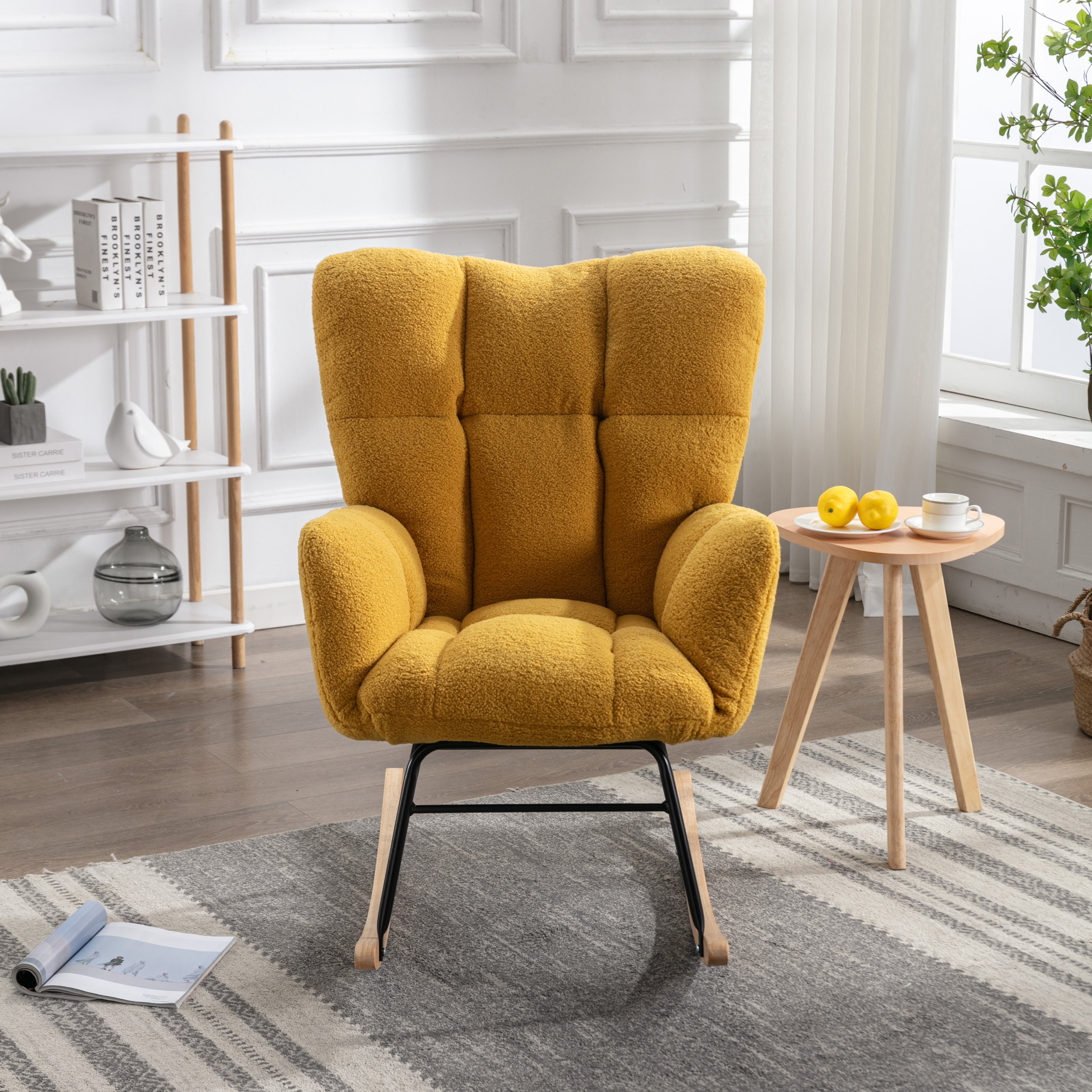 Mid Century Modern Rocking Chair with Tufted Cover, Padded Seat, Teddy Fabric, Yellow