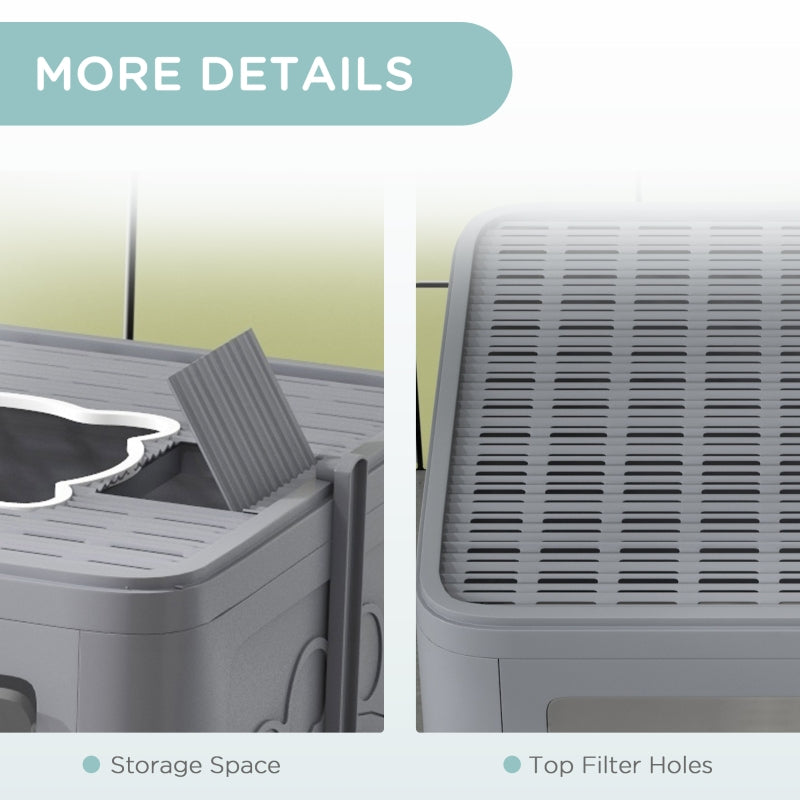 Enclosed Cat Litter Box with Lid, Front Entry, Top Exit, Drawer, Tray, Scoop, Brush - Grey